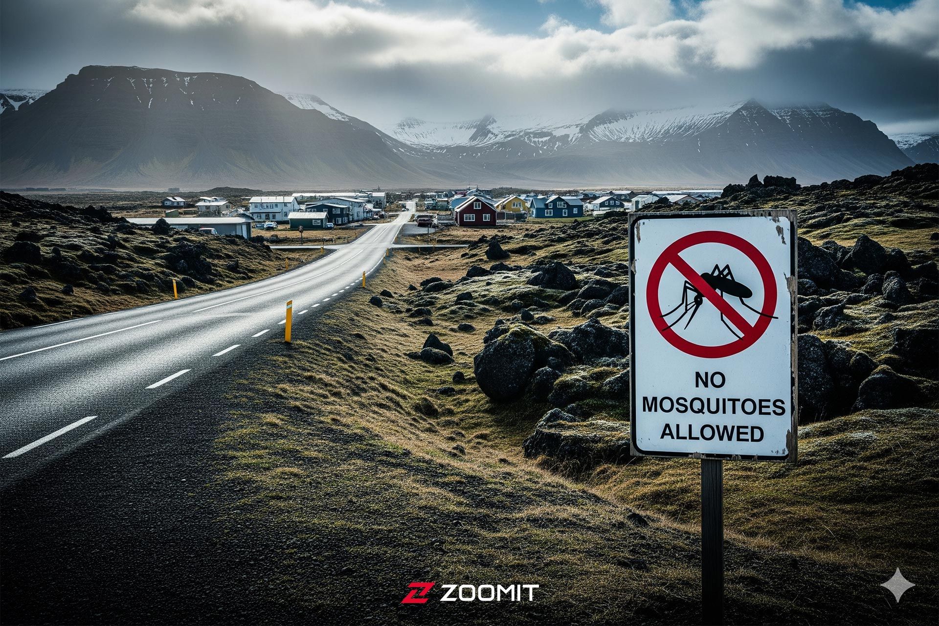 تصویرسازی از ورودی شهری کوهستانی با تابلوی ورود پشه ممنوع در کنار جاده