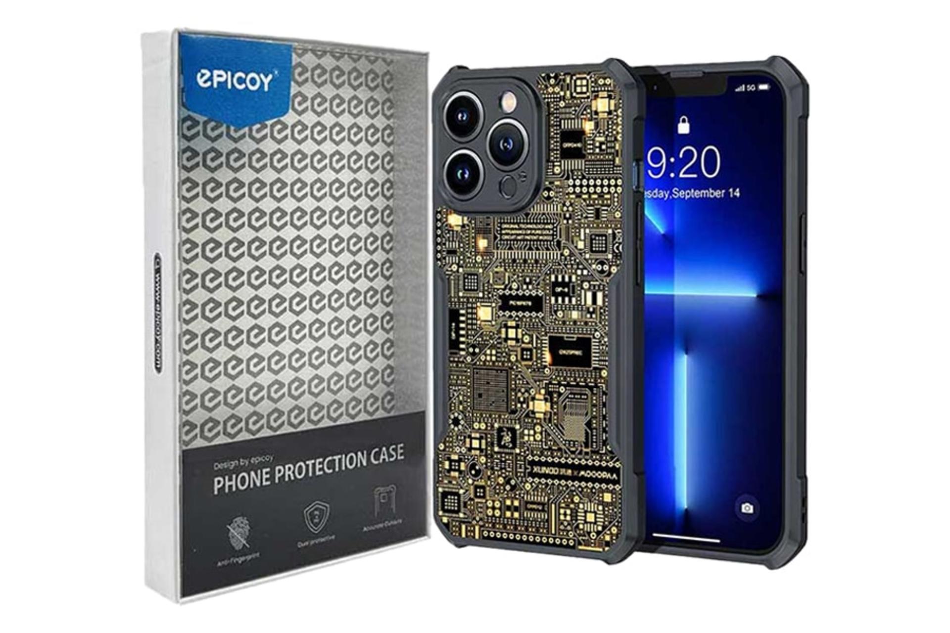 جعبه و نمای کلی قاب گوشی اپیکوی مدل Xundd Gold مناسب اپل iPhone 14 Pro Max با نمایش پنل جلو و پشت