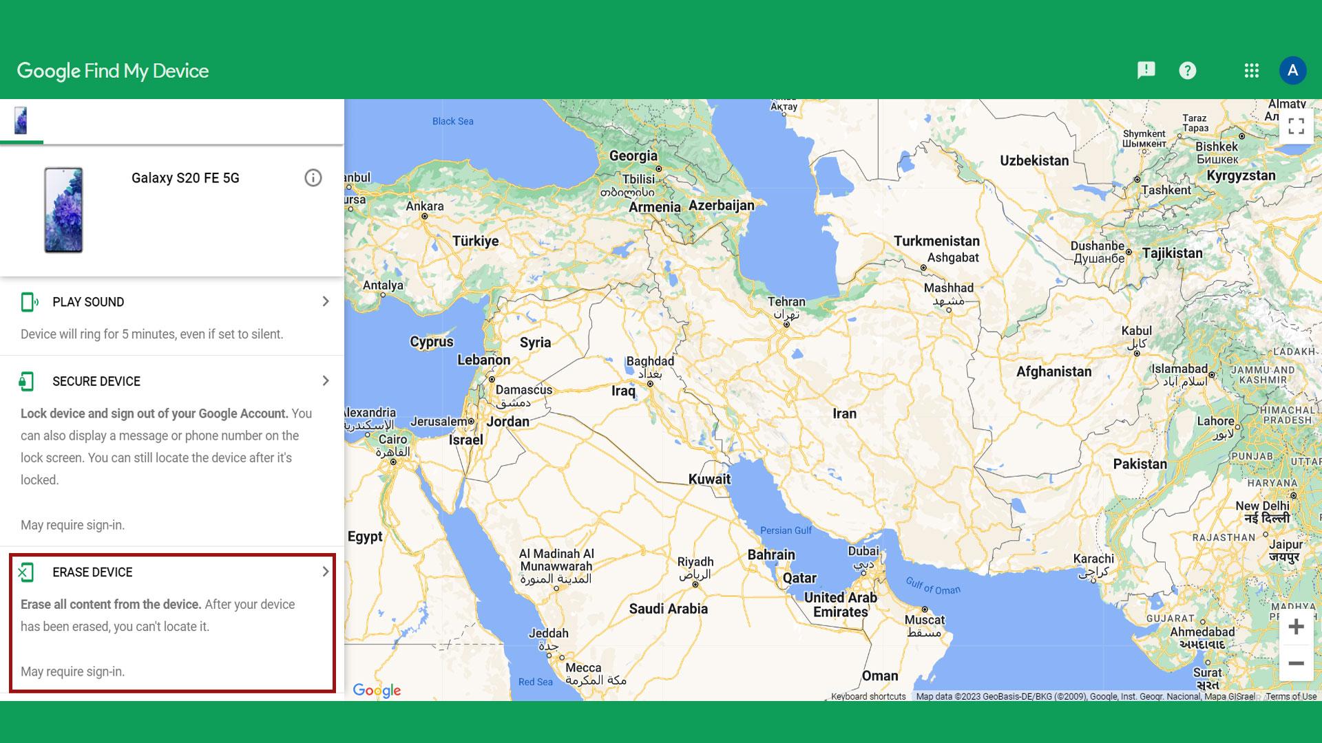 حذف اطلاعات گوشی گم شده از طریق Find My Device