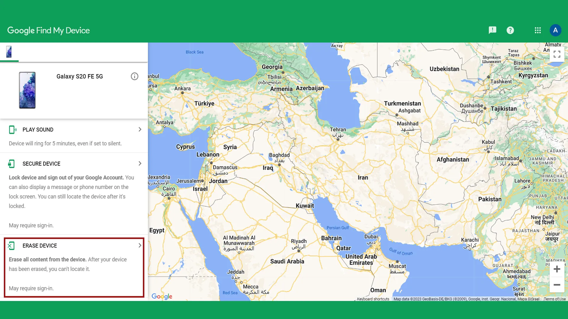حذف اطلاعات گوشی گم شده از طریق Find My Device