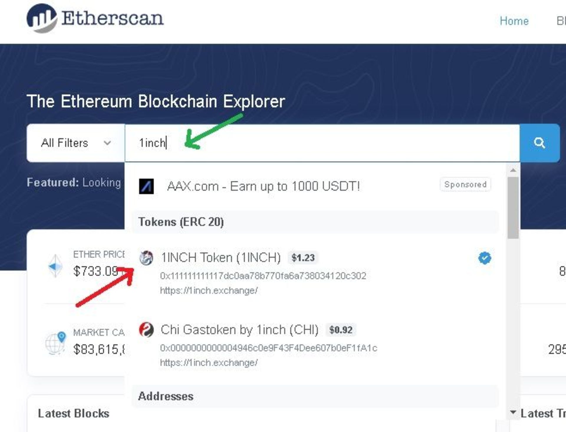 مشاهده مشخصات توکن 1Inch در EtherScan