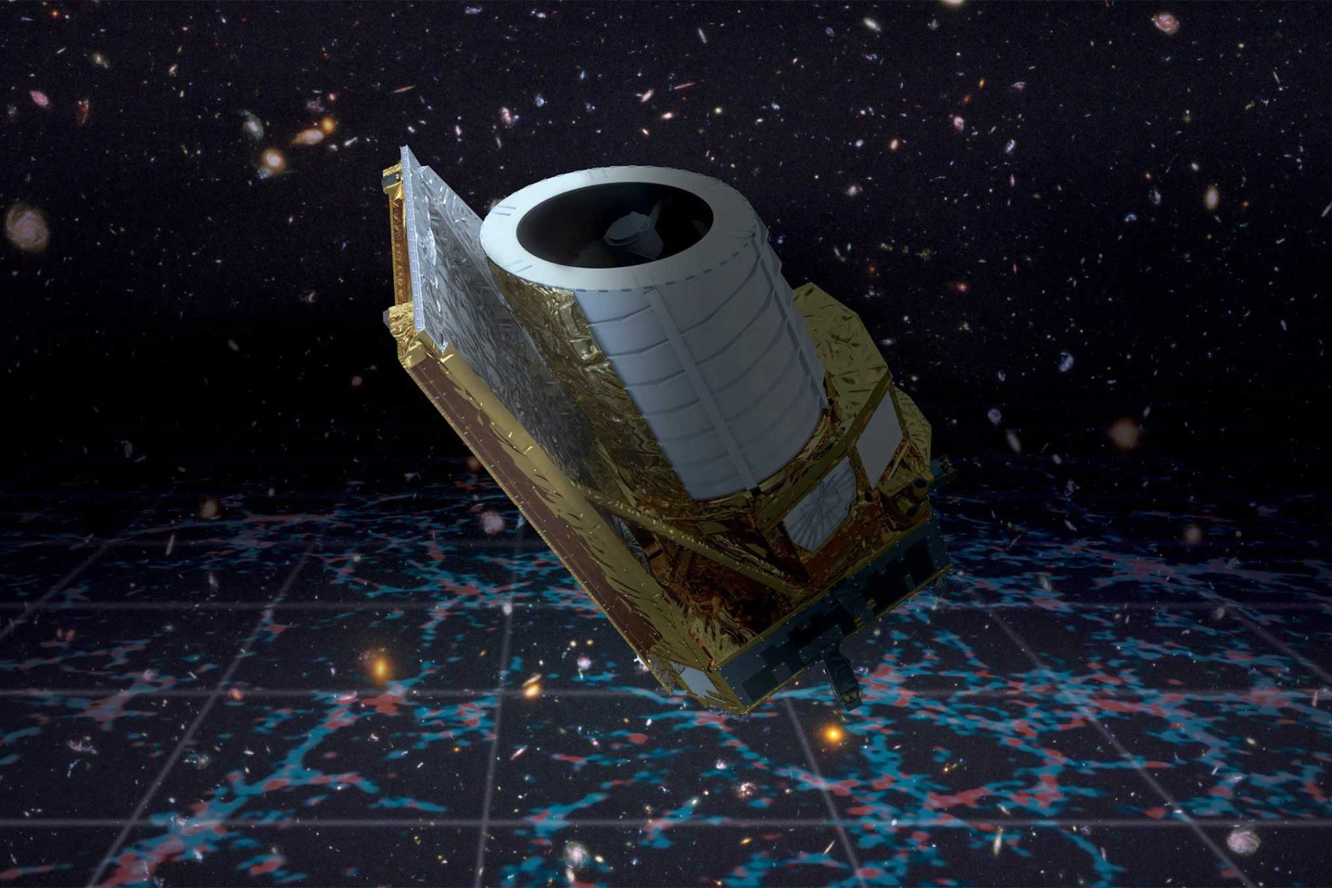تصویر تلسکوپ اقلیدس در پس‌زمینه کیهان و کهکشان‌ها