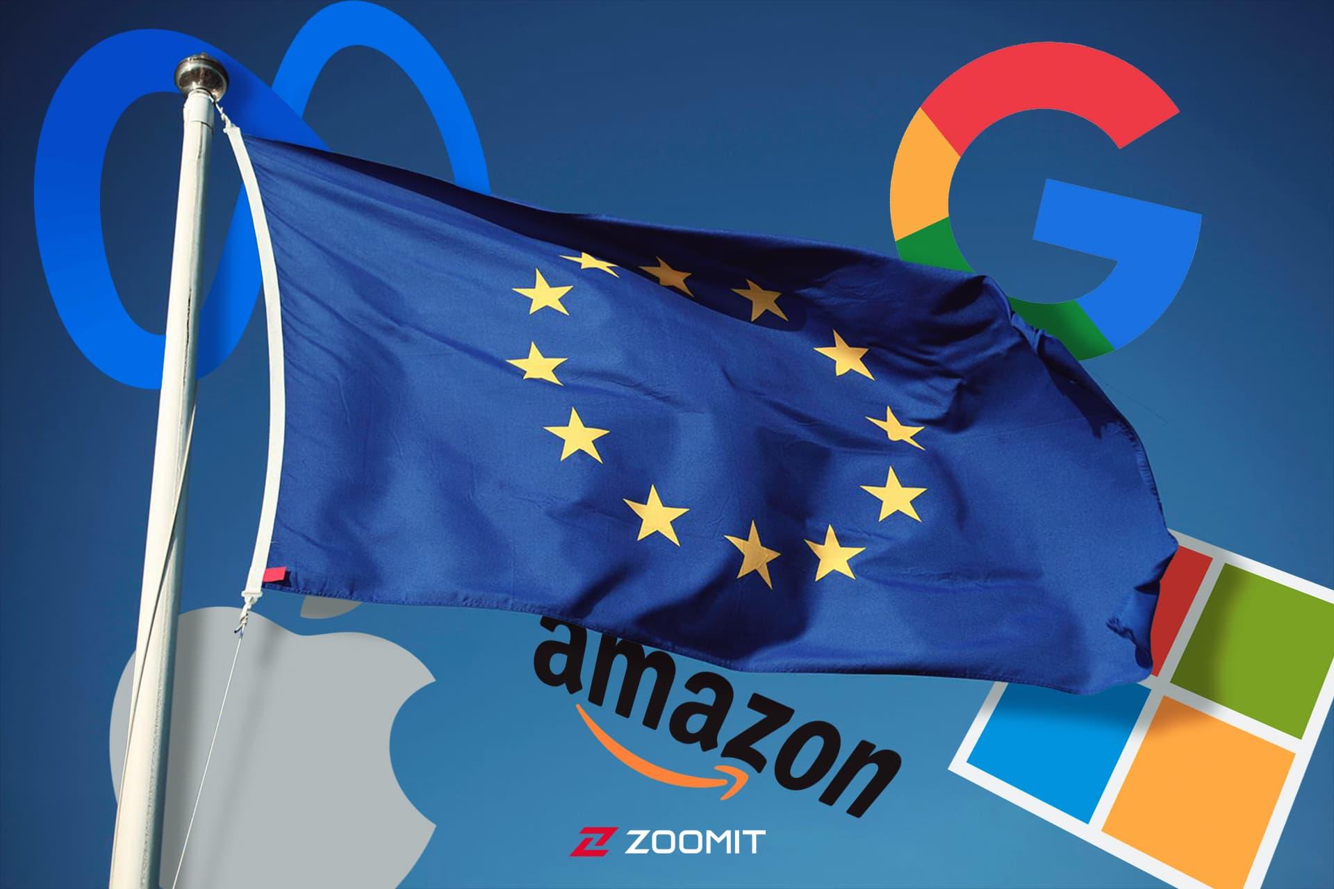 پرچم اتحادیه اروپا در کنار لوگو مایکروسافت گوگل و متا 