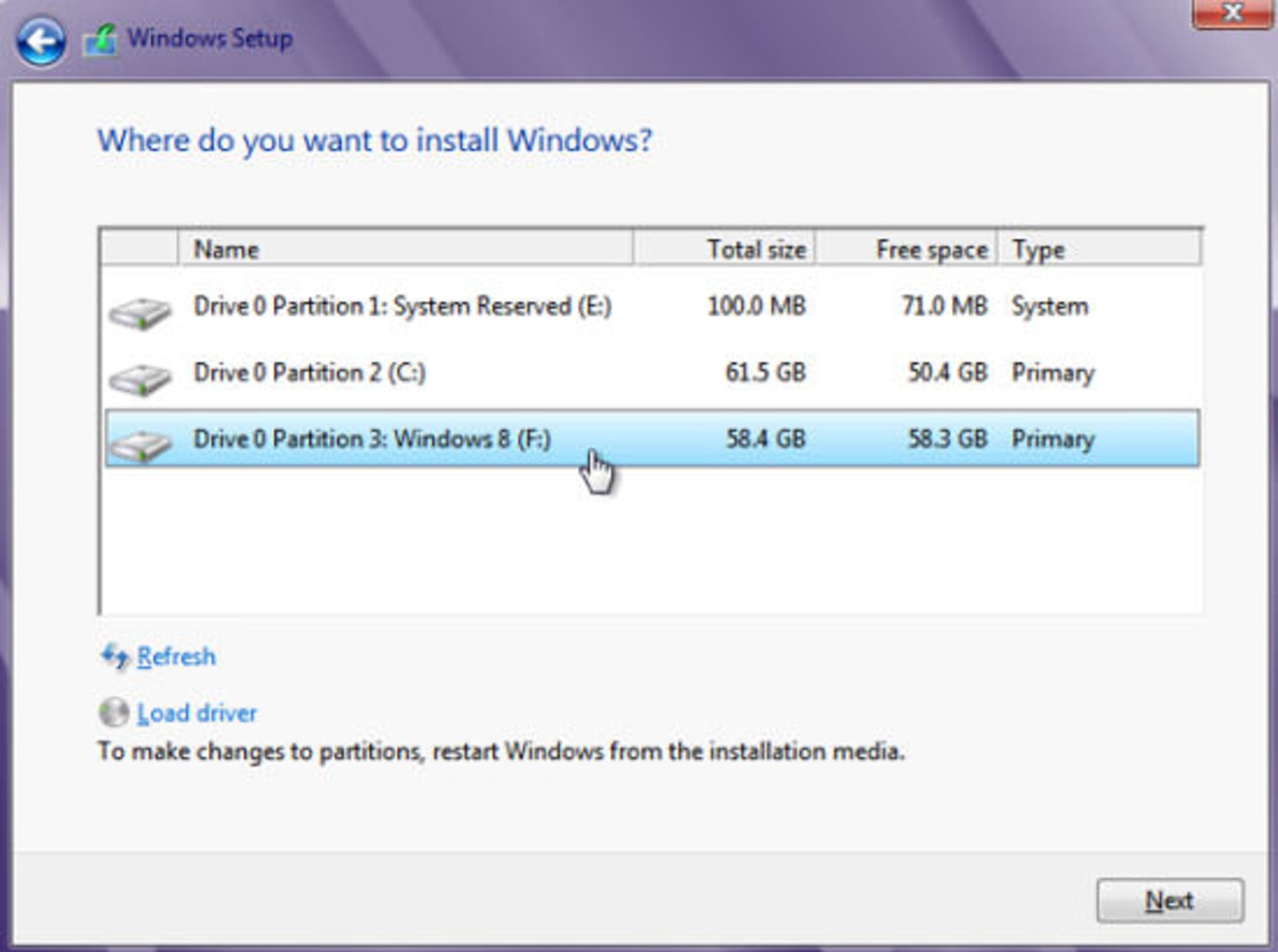 Install to new partition