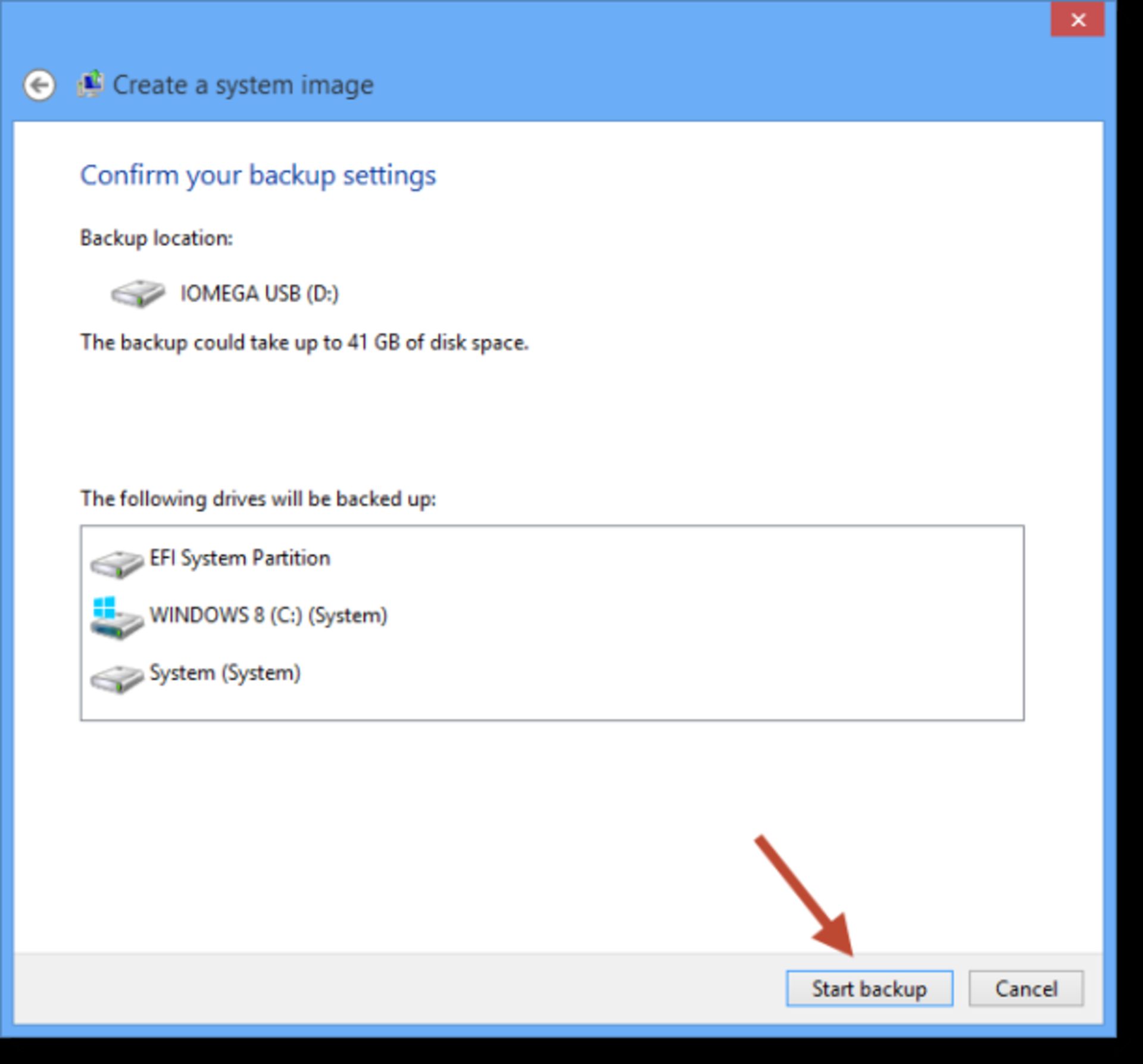 Start system image backup 610x568