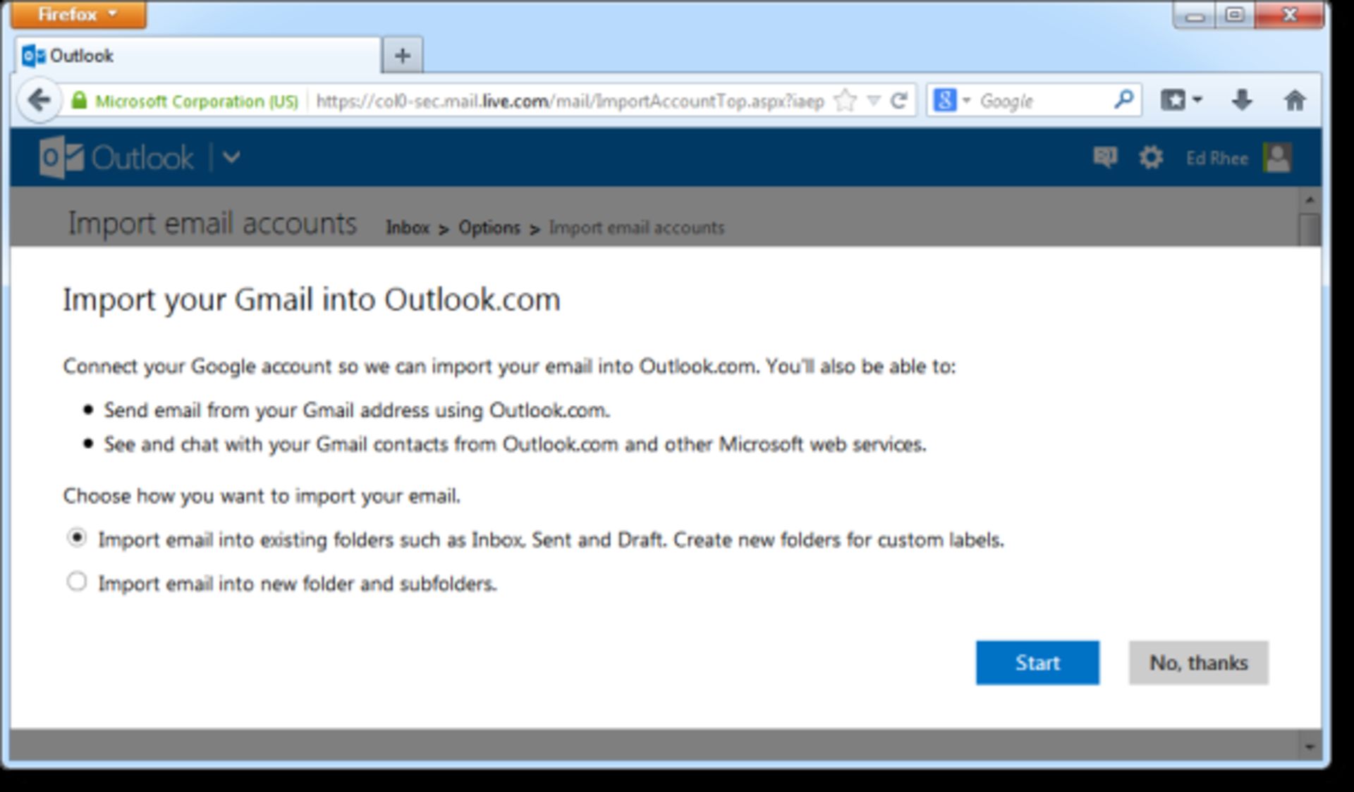 Outlook.com import tool for Gmail 610x357