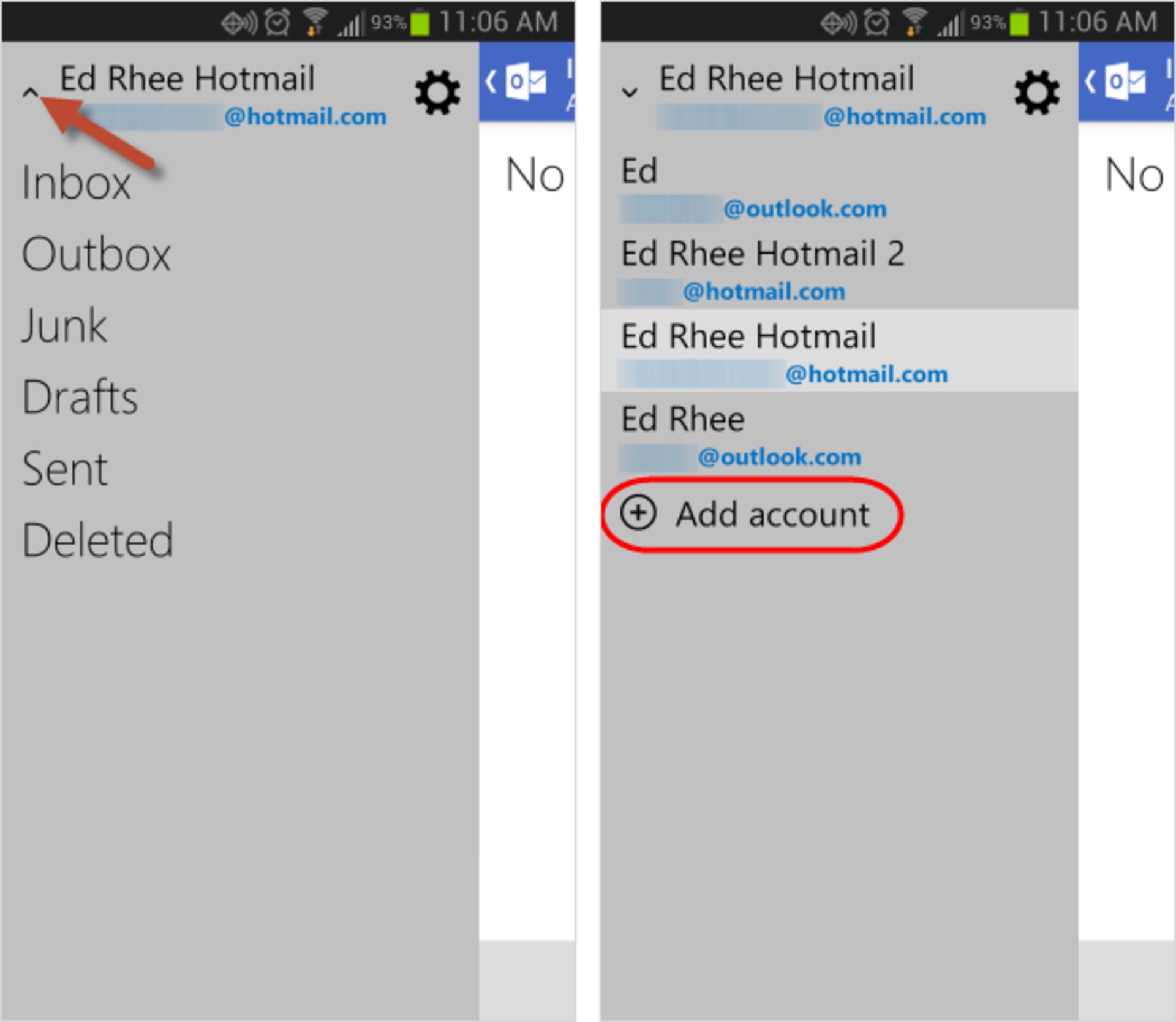 Outlook dot com for Android add new accounts