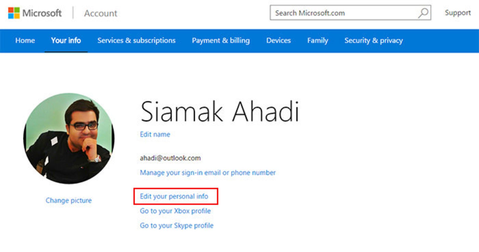 windows 10 edit personal info