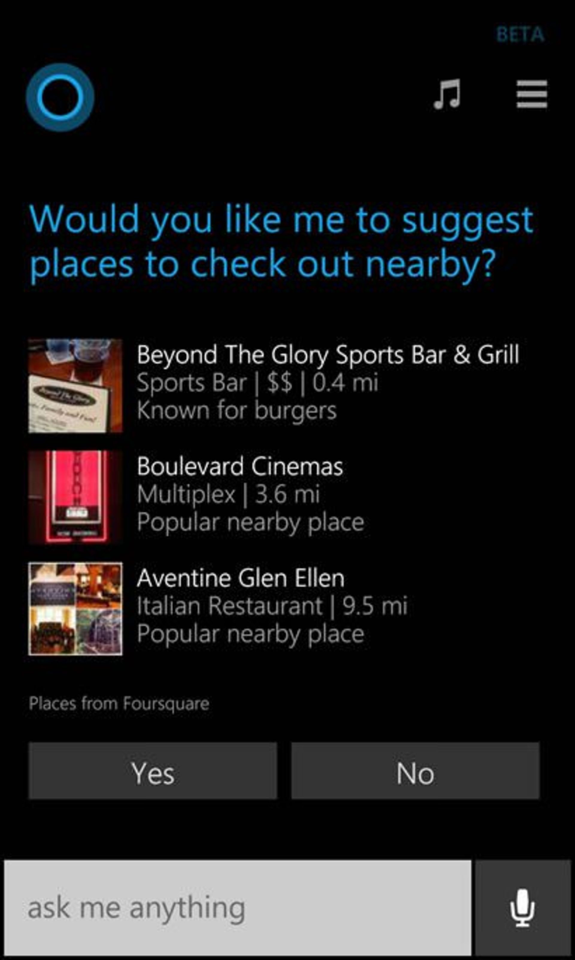 cortana foursquare