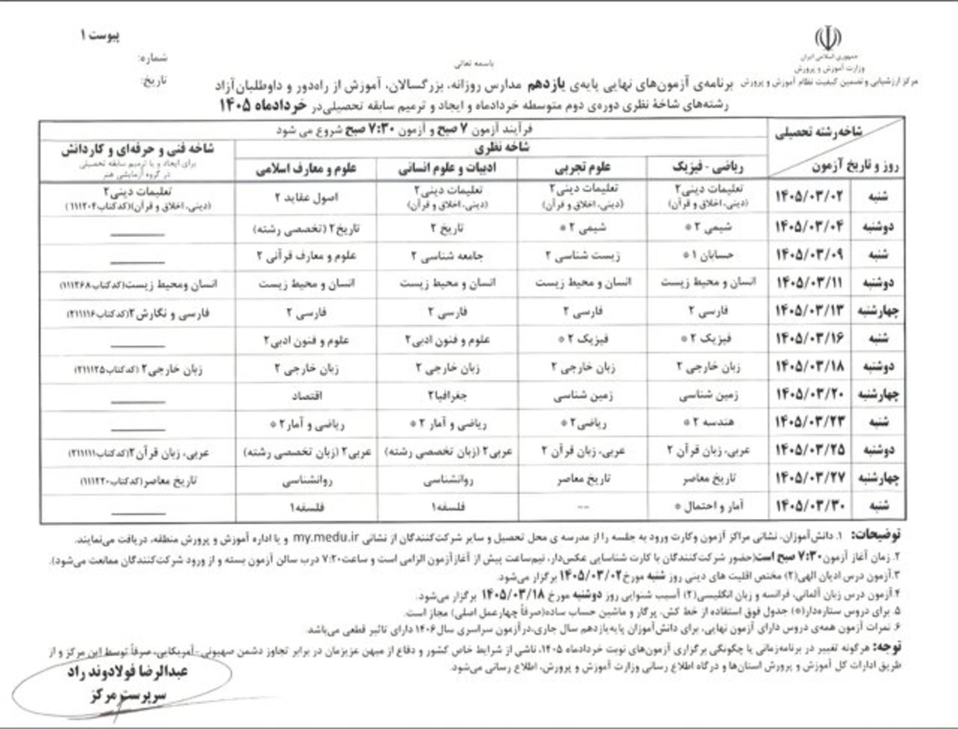 برنامه امتحان نهایی