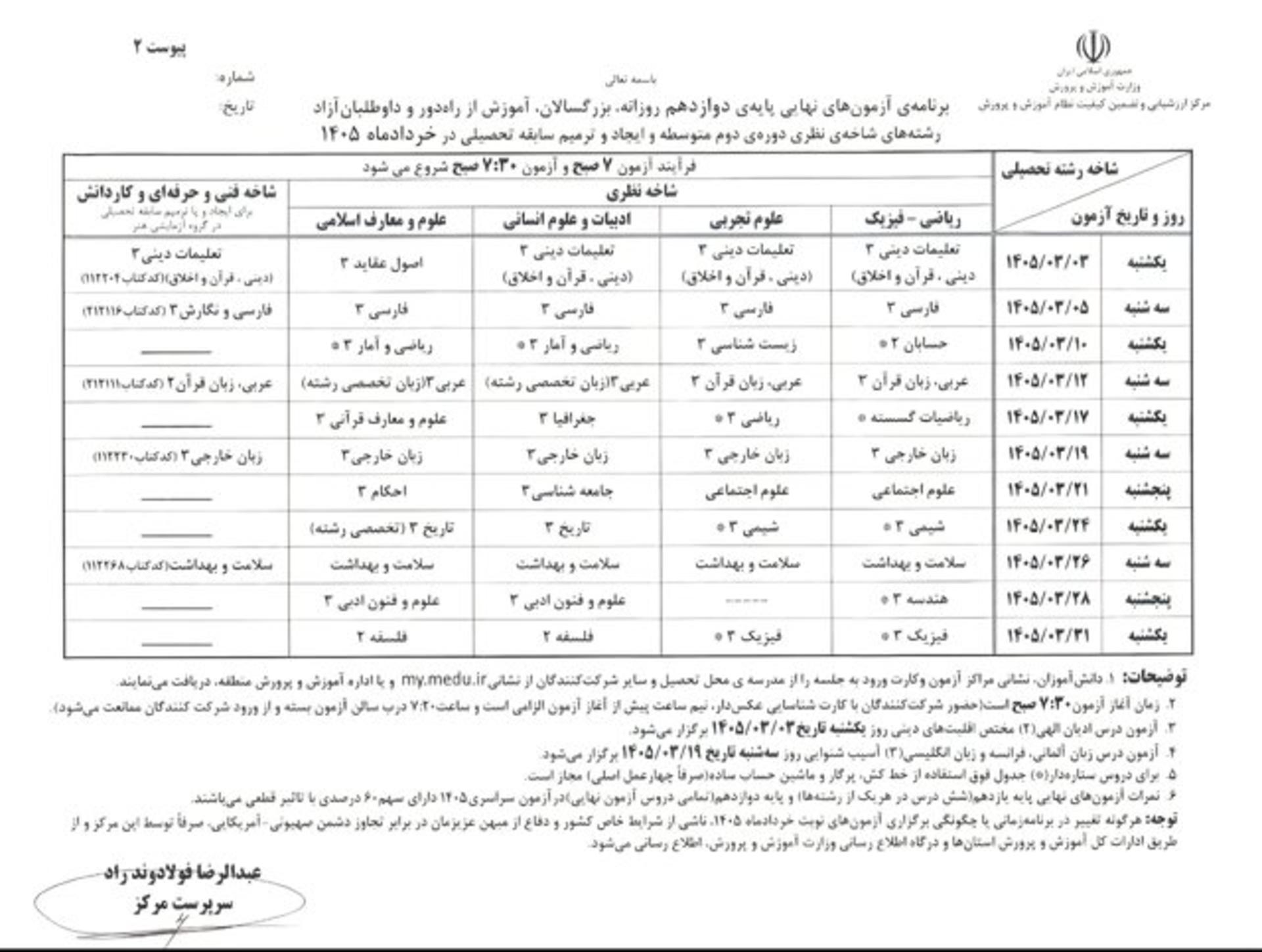 جدول امتحان نهایی ۱۴۰۵