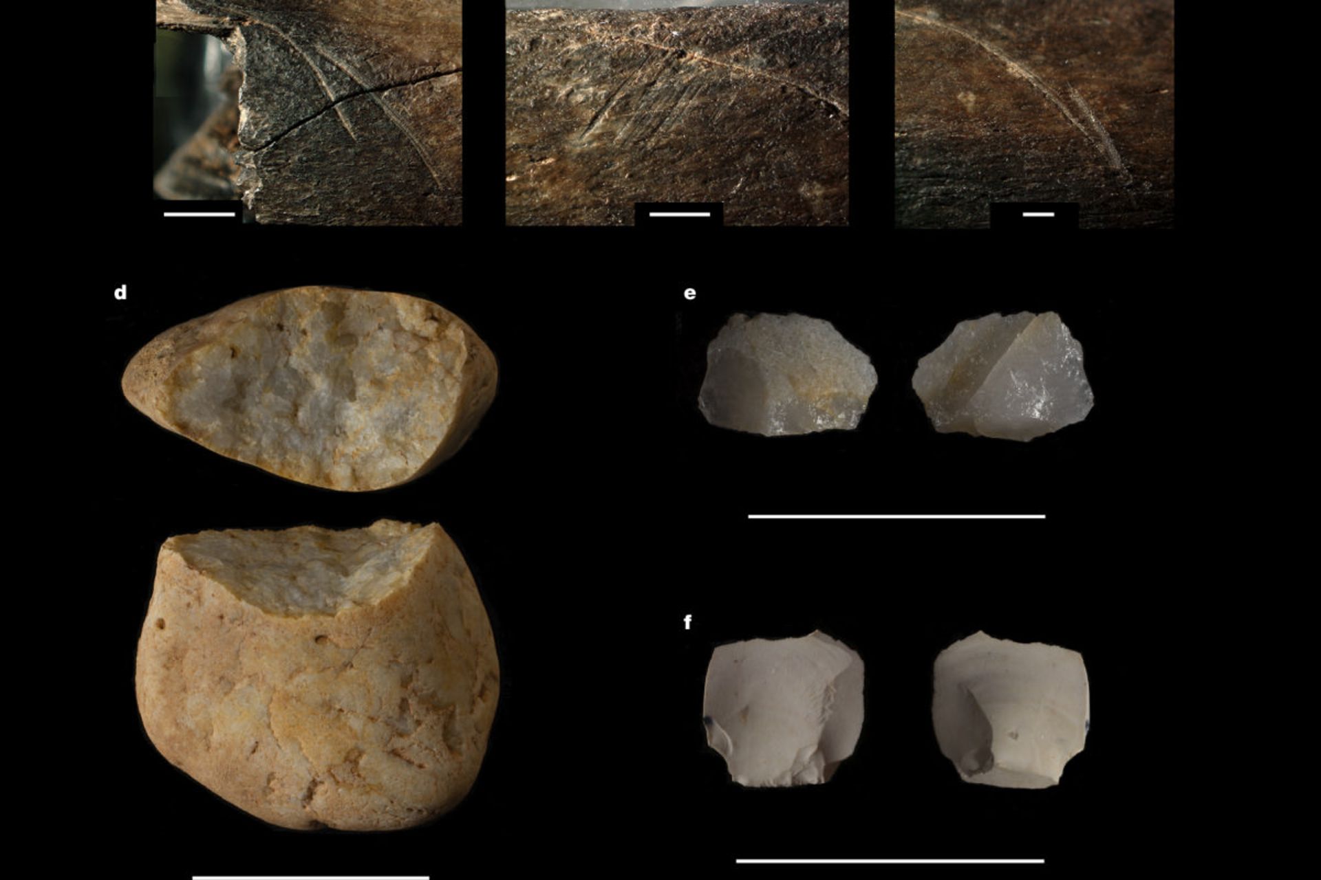سه ابزار سنگی ساده (هر کدام با دو نما) روی پس‌زمینه سیاه نشان داده شده‌اند