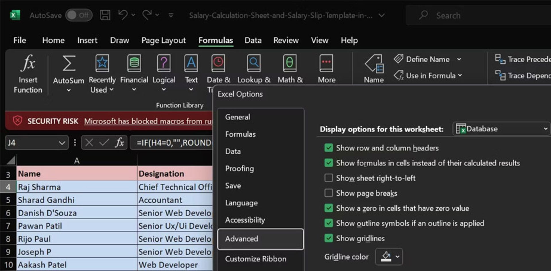 پنجره‌ی Excel option