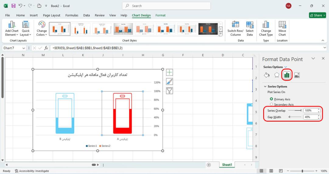 همپوشانی آیکون های پر و خالی از بخش Series Overlap و Gap Width