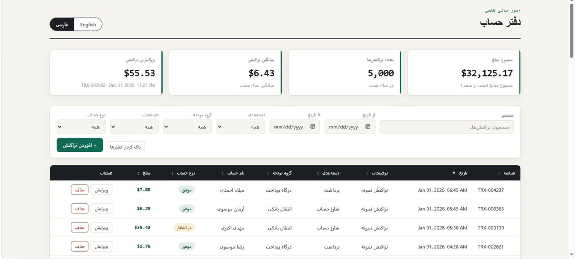 جدول مدیریت تراکنش‌های مالی در رابط کاربری اپلیکیشن ساخته شده با هوش مصنوعی