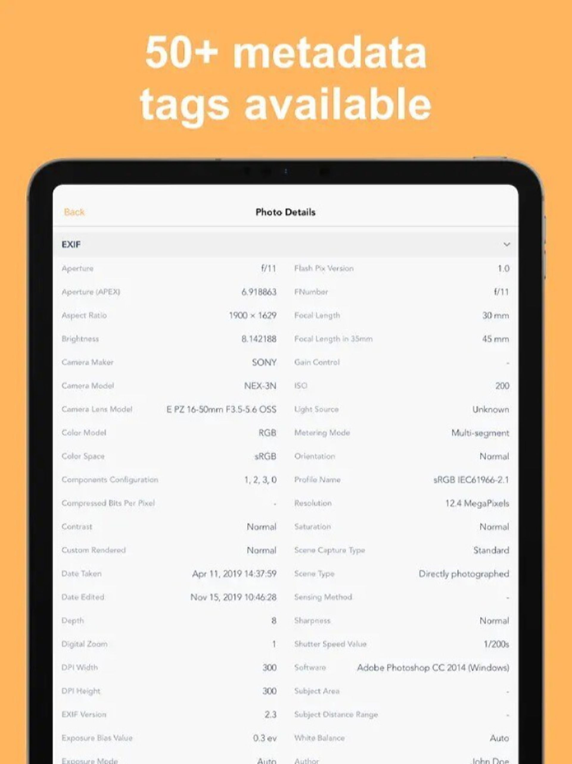 اسکرین شات از اپلیکیشن exif metadata