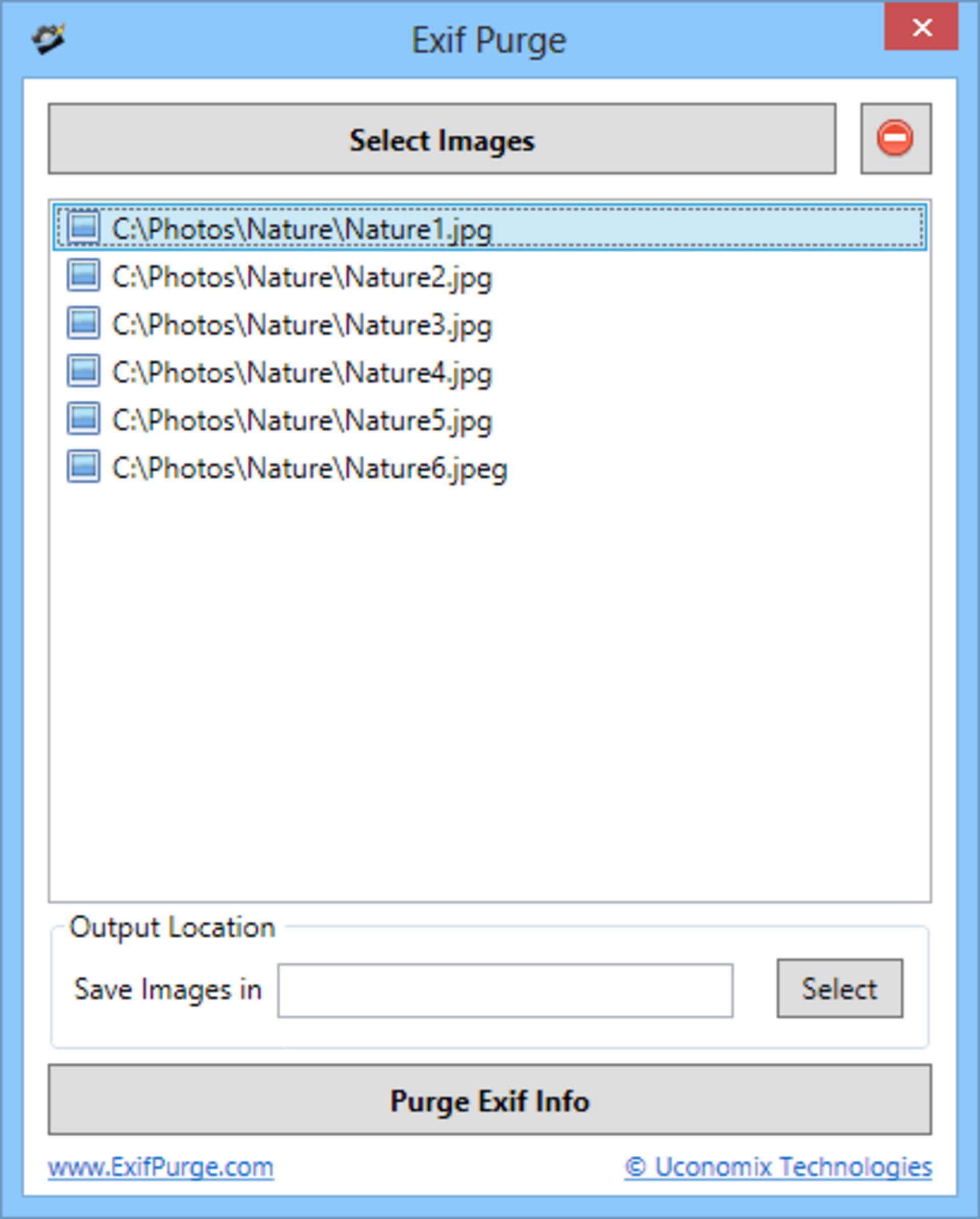 Screenshot of the Exif purge software