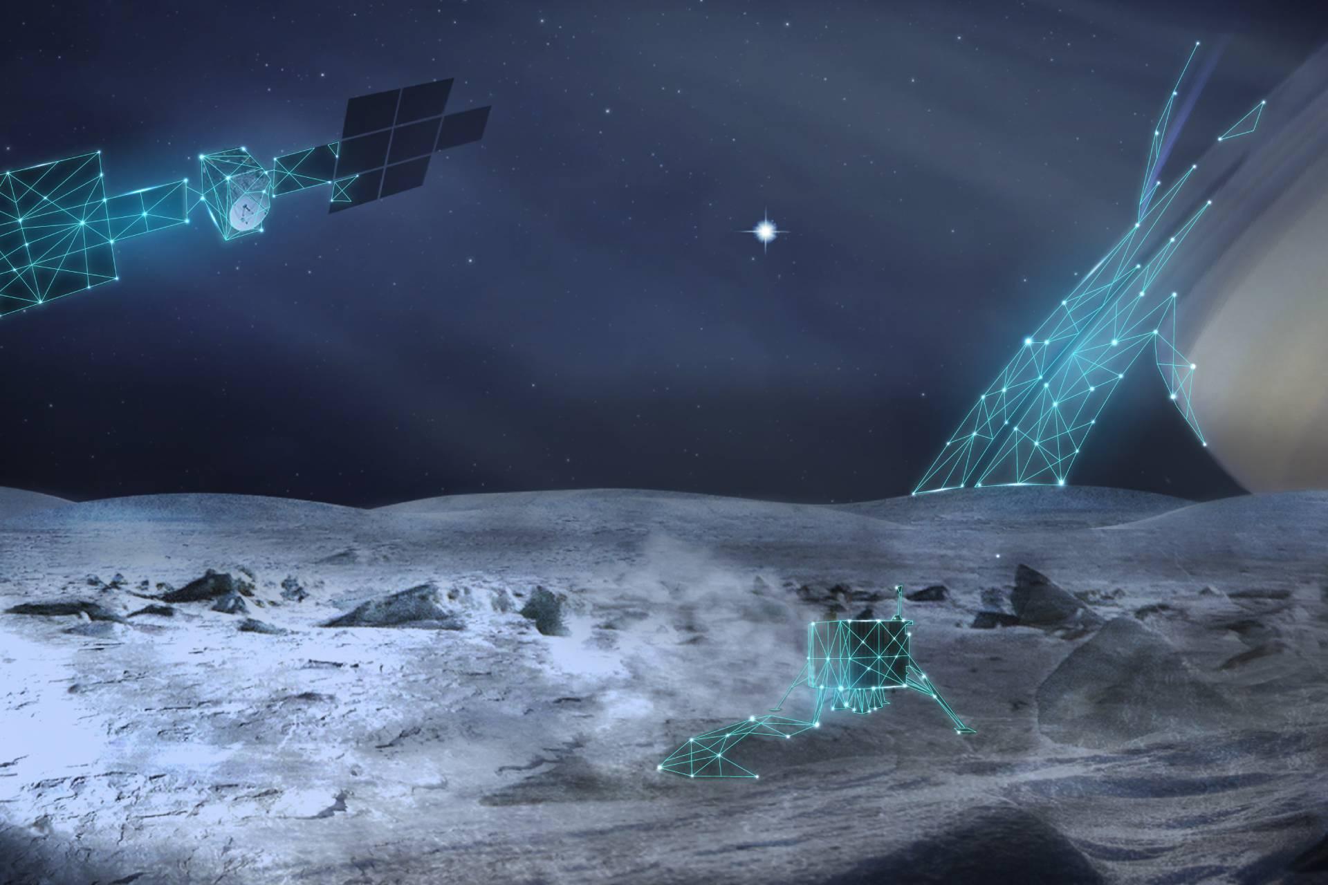 تصویرسازی یک مدارگرد و یک فرودگر بر روی سطح انسلادوس