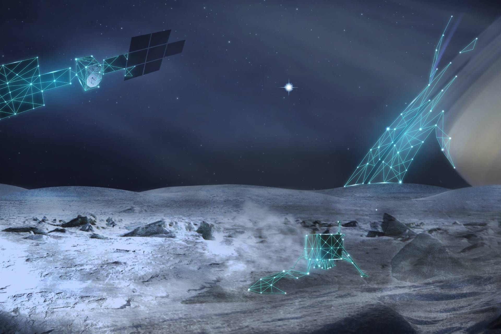 تصویرسازی یک مدارگرد و یک فرودگر بر روی سطح انسلادوس