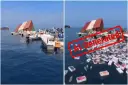 کشتی غرق شده و قایق‌های صیادان در نزدیکی محل حادثه در تنگه هرمز و در کنار آن تصویر ساخته شده با هوش مصنوعی