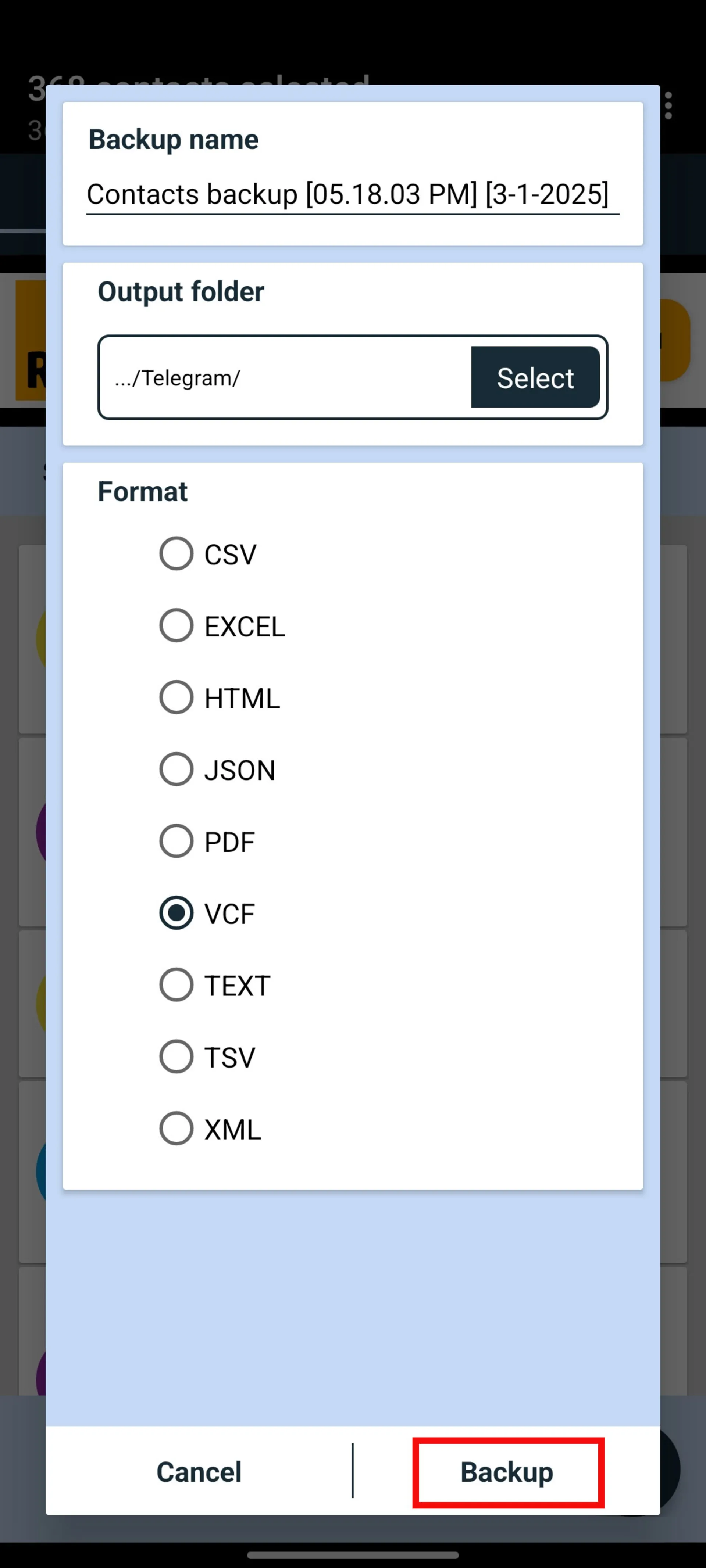 محیط برنامه‌ی Export contacts