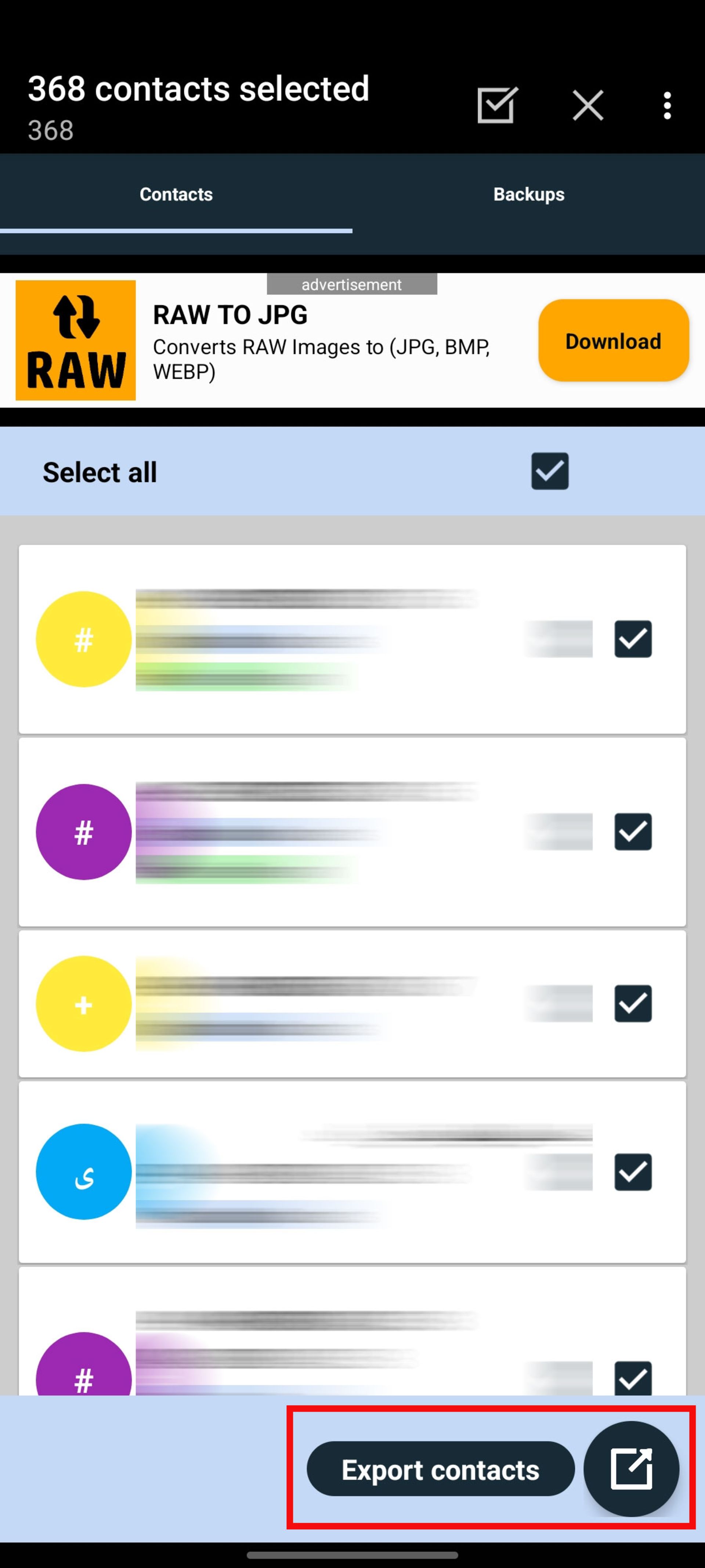 محیط برنامه‌ی Export contacts