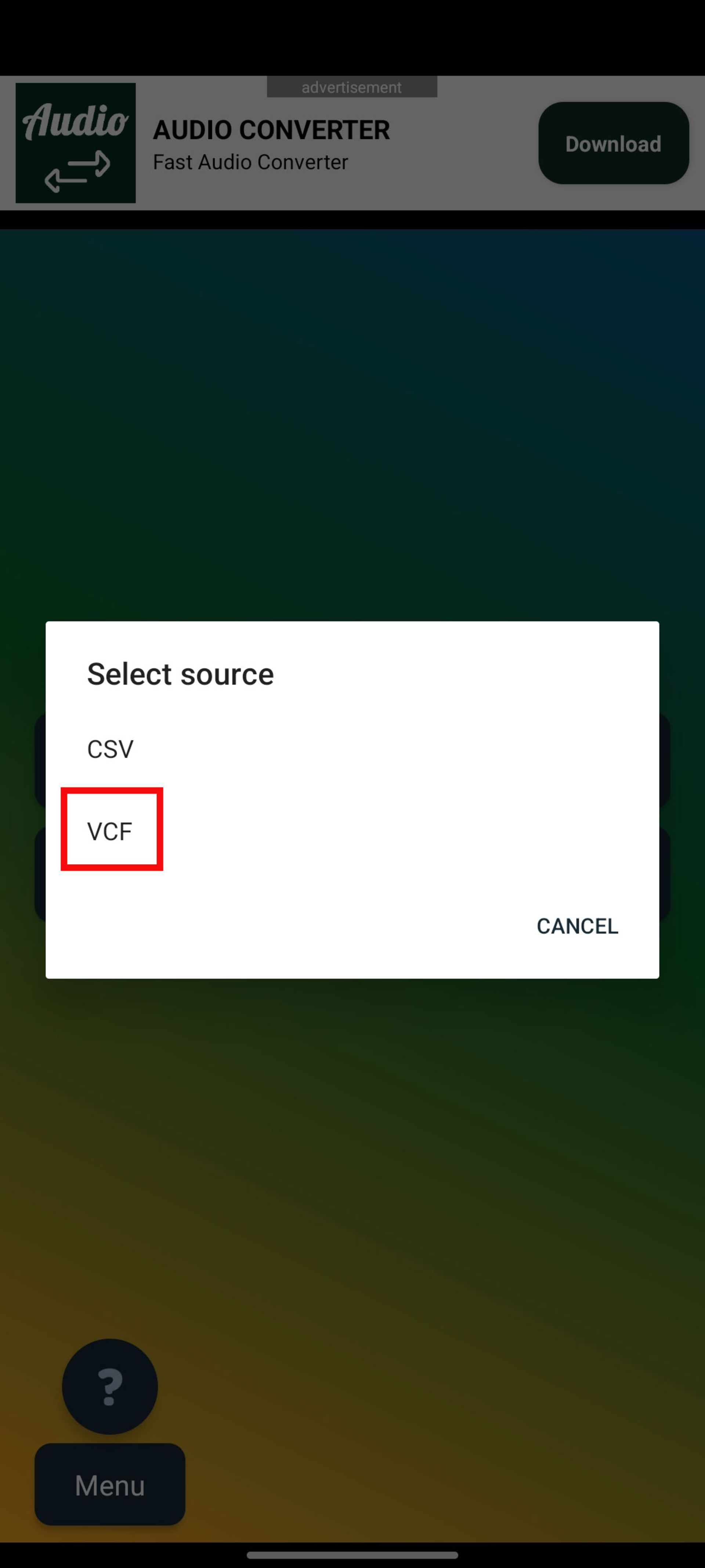 محیط برنامه‌ی Export contacts