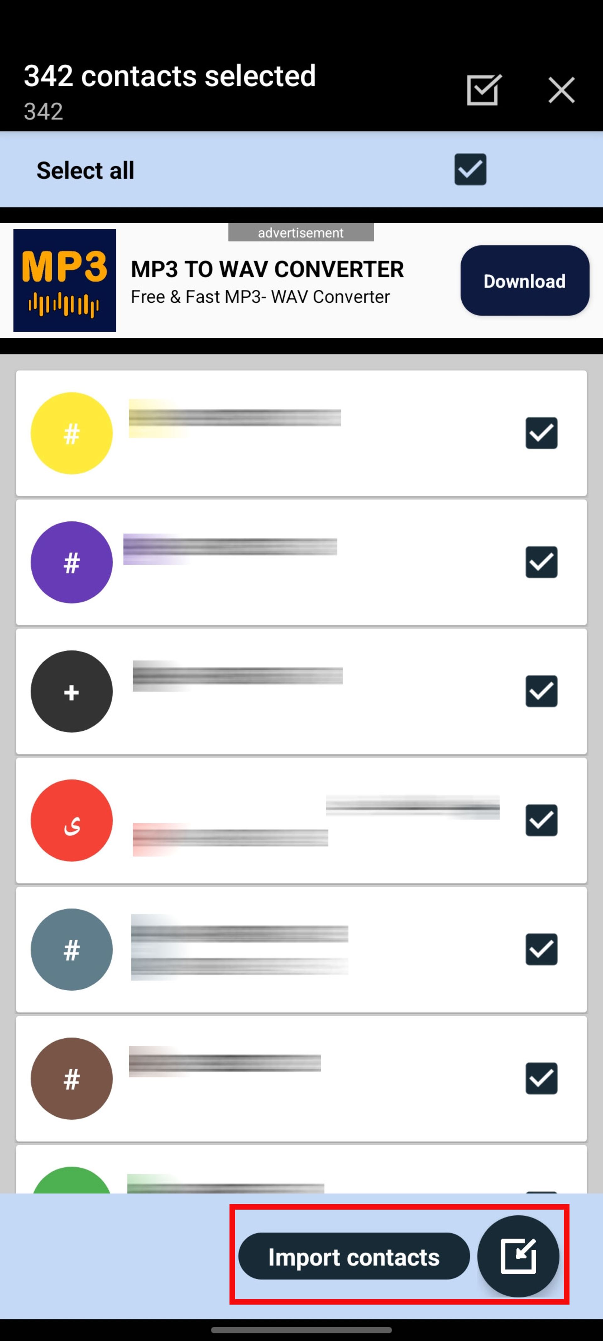 محیط برنامه‌ی Export contacts
