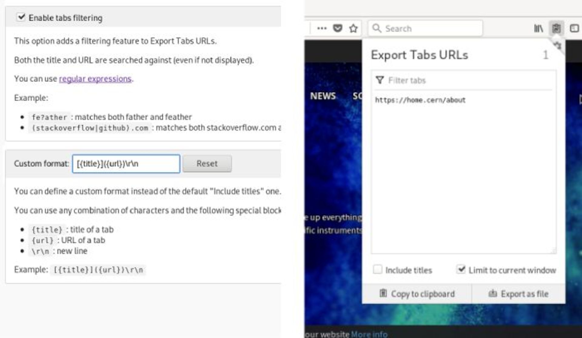 افزونه Export Tabs فایرفاکس