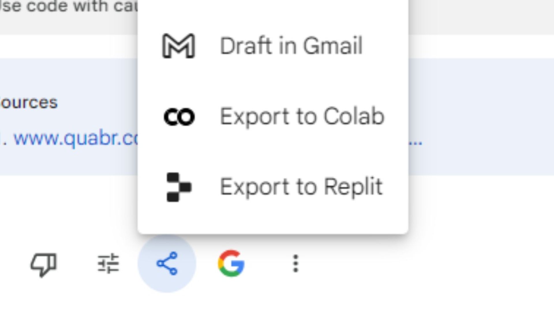 نمایش گزینه‌ی Export to replit در گوگل بارد