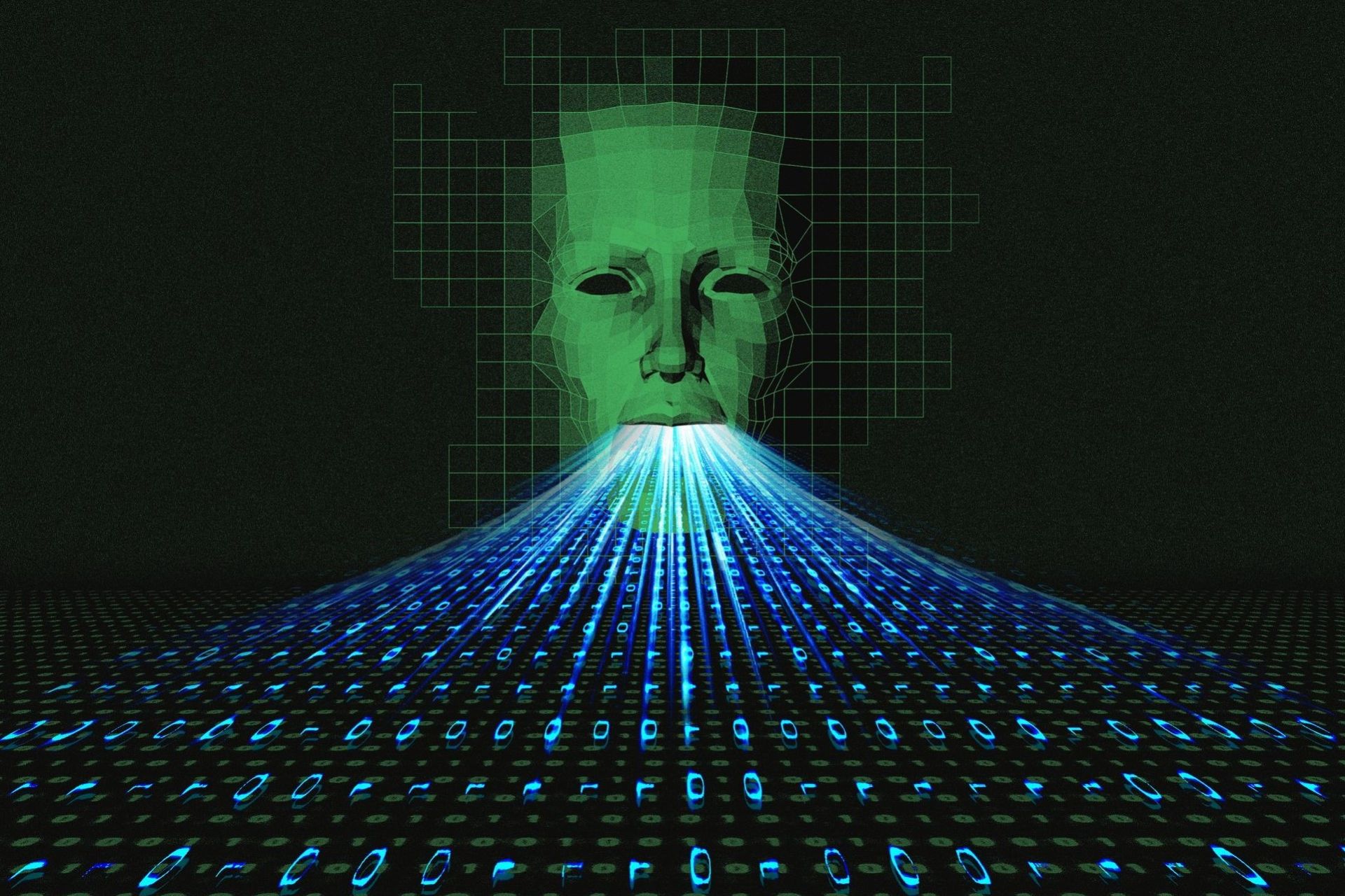 چهره سبز هوش مصنوعی در حال بلعیدن اعداد اینترنت