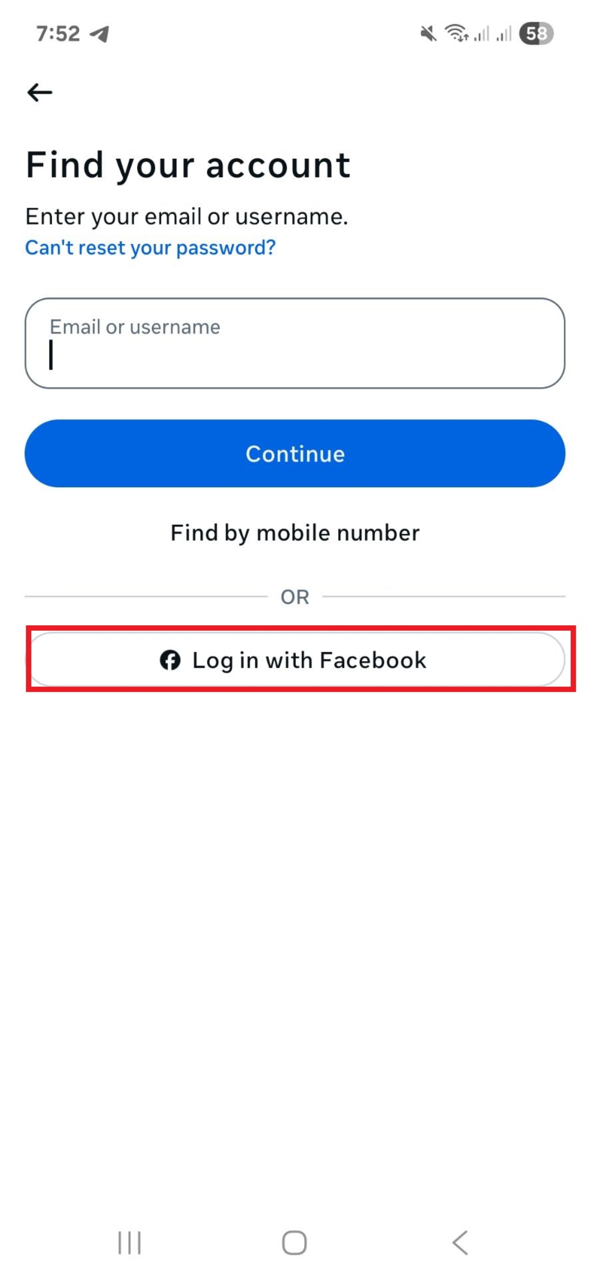 بازیابی رمز عبور اینستاگرام ازطریق فیسبوک