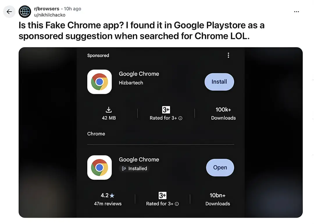 نمای اپلیکیشن جعلی Google Chrome با نام توسعه‌دهنده Hizbartech در گوگل پلی