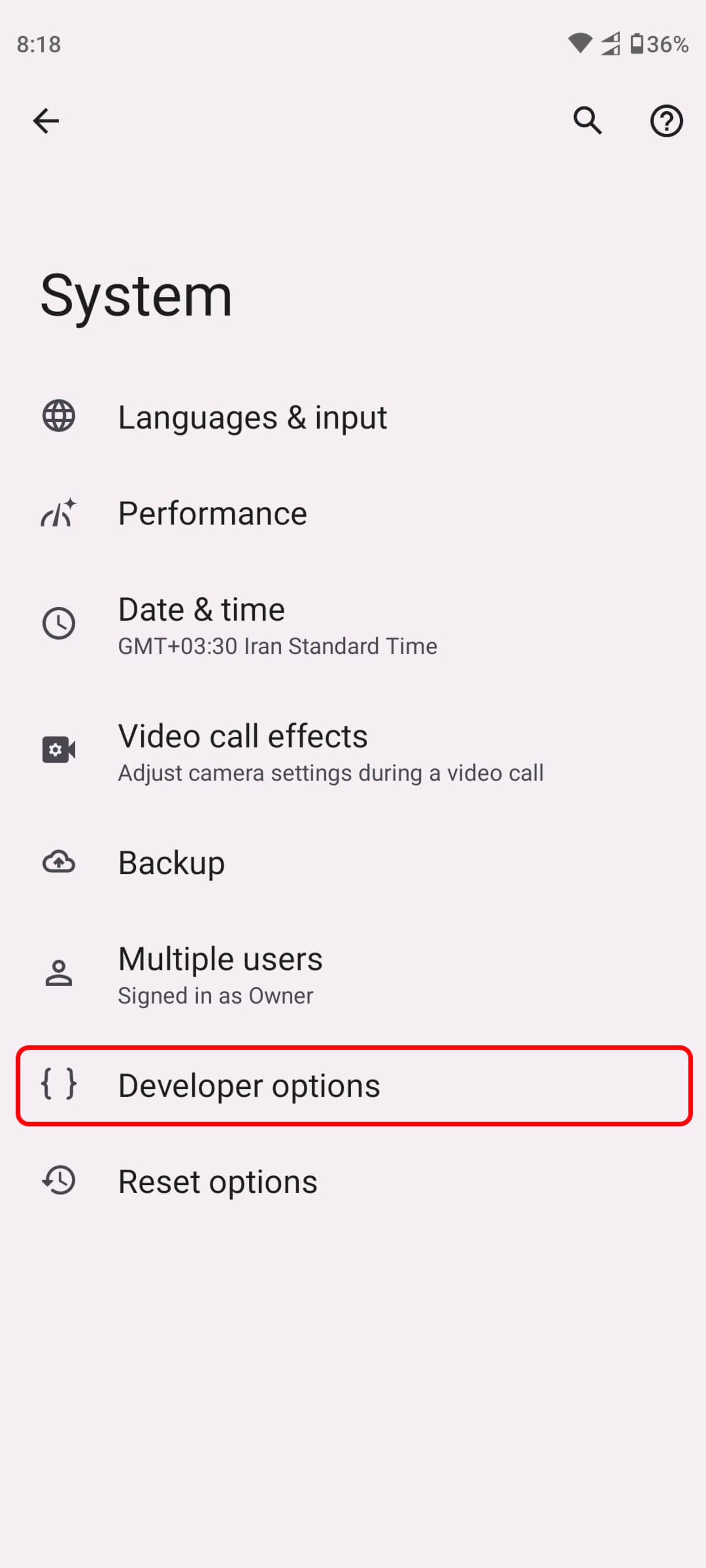 انتخاب گزینه Developer Options