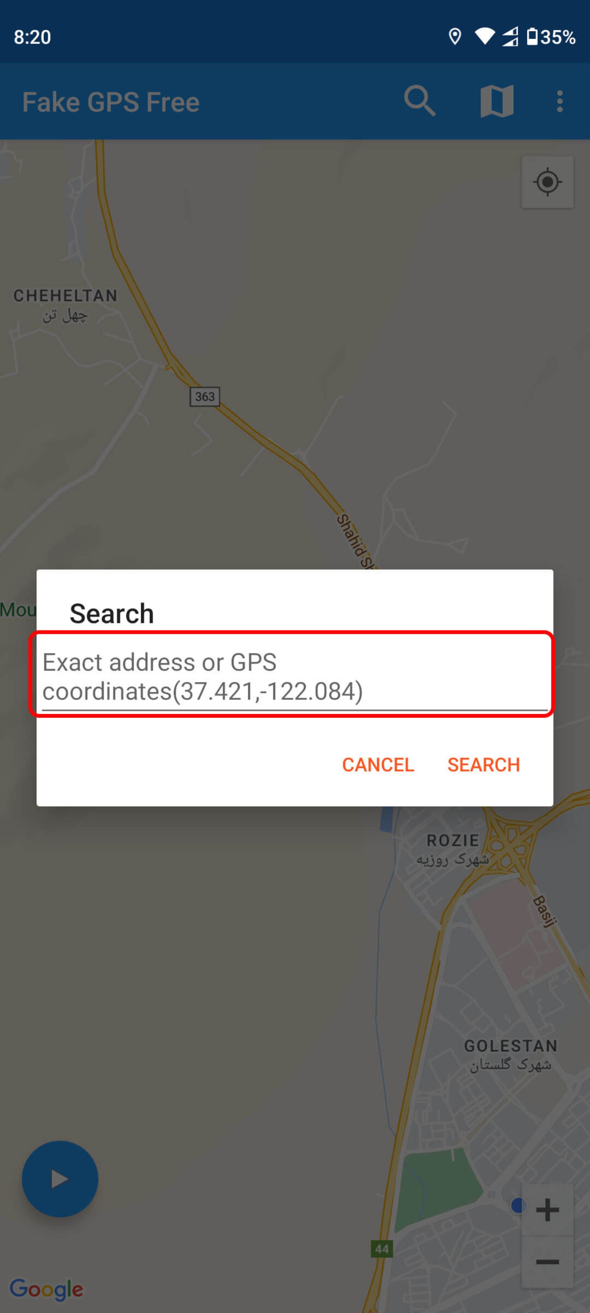 جستجوی مکان مورد نظر در نرم‌ افزار Fake GPS Location Spoofer