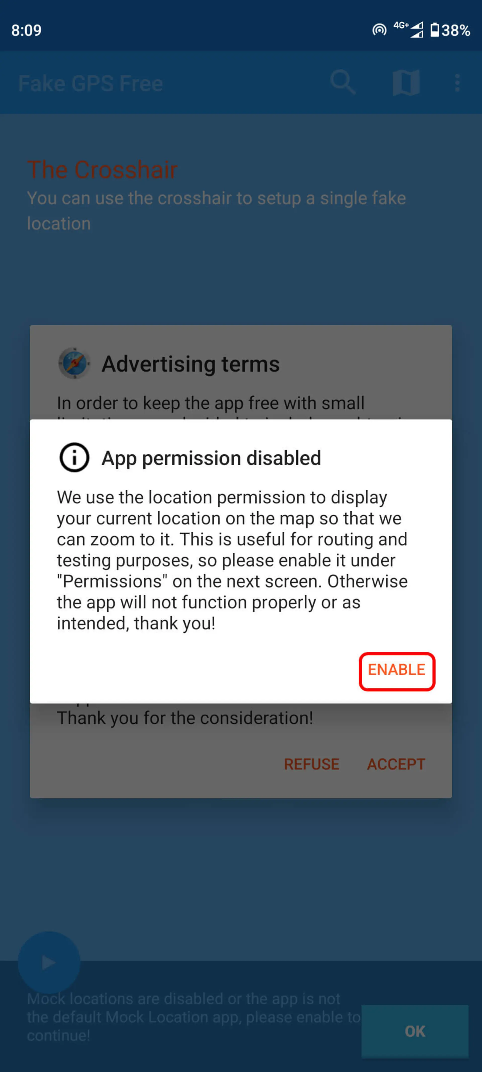 انتخاب ENABLE در نرم‌ افزار Fake GPS Location Spoofer