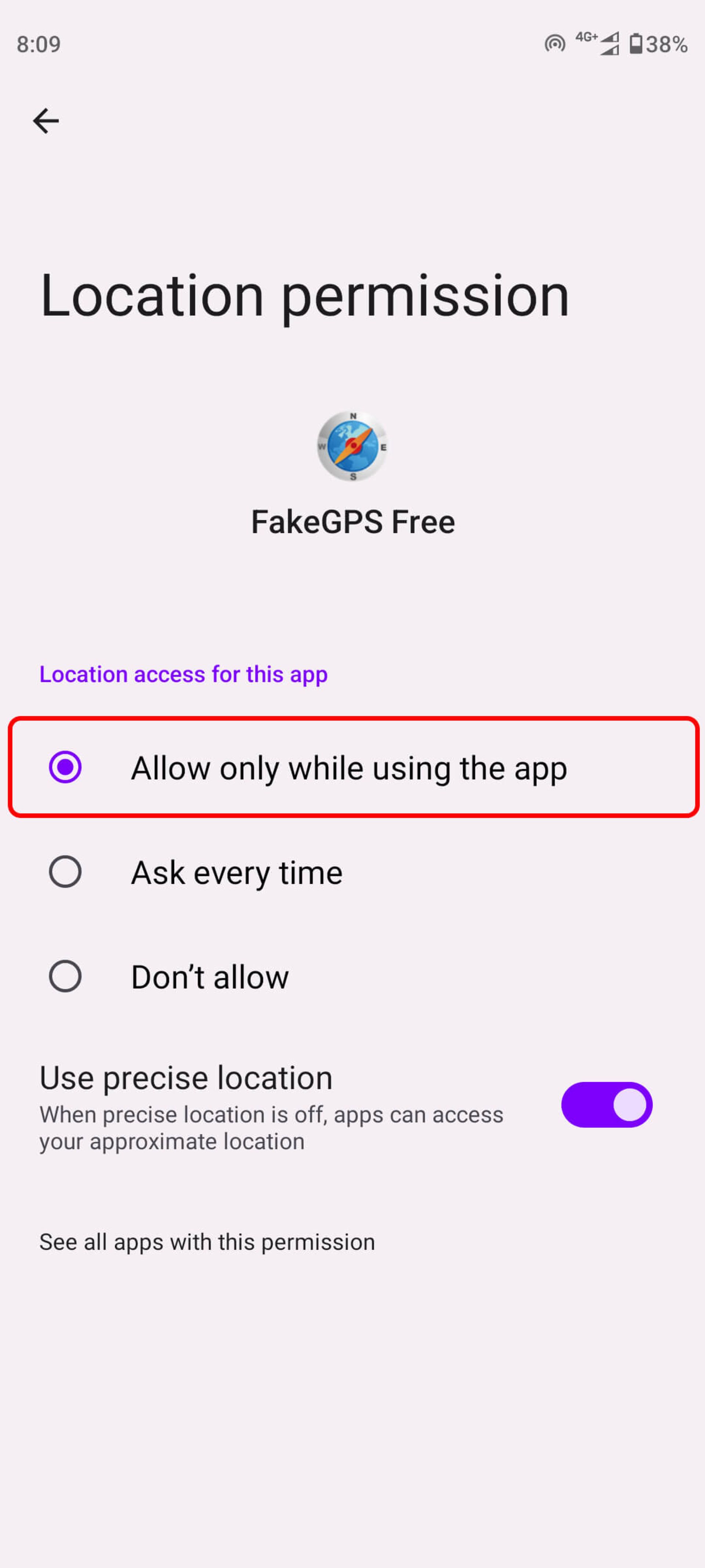 انتخاب Allow only whie using the app در نرم‌ افزار Fake GPS Location Spoofer