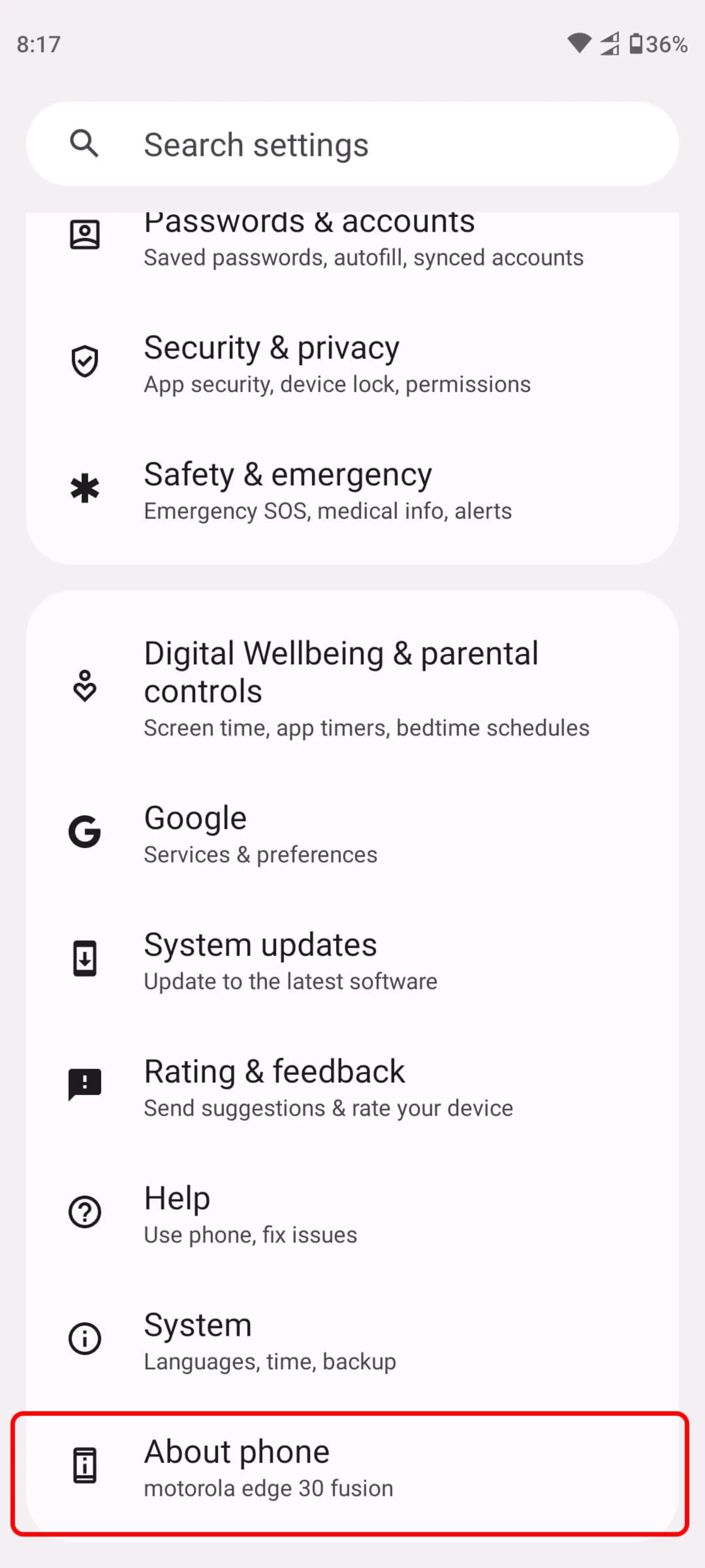 بخش تنظیمات (Settings) گوشی اندروید و انتخاب About phone