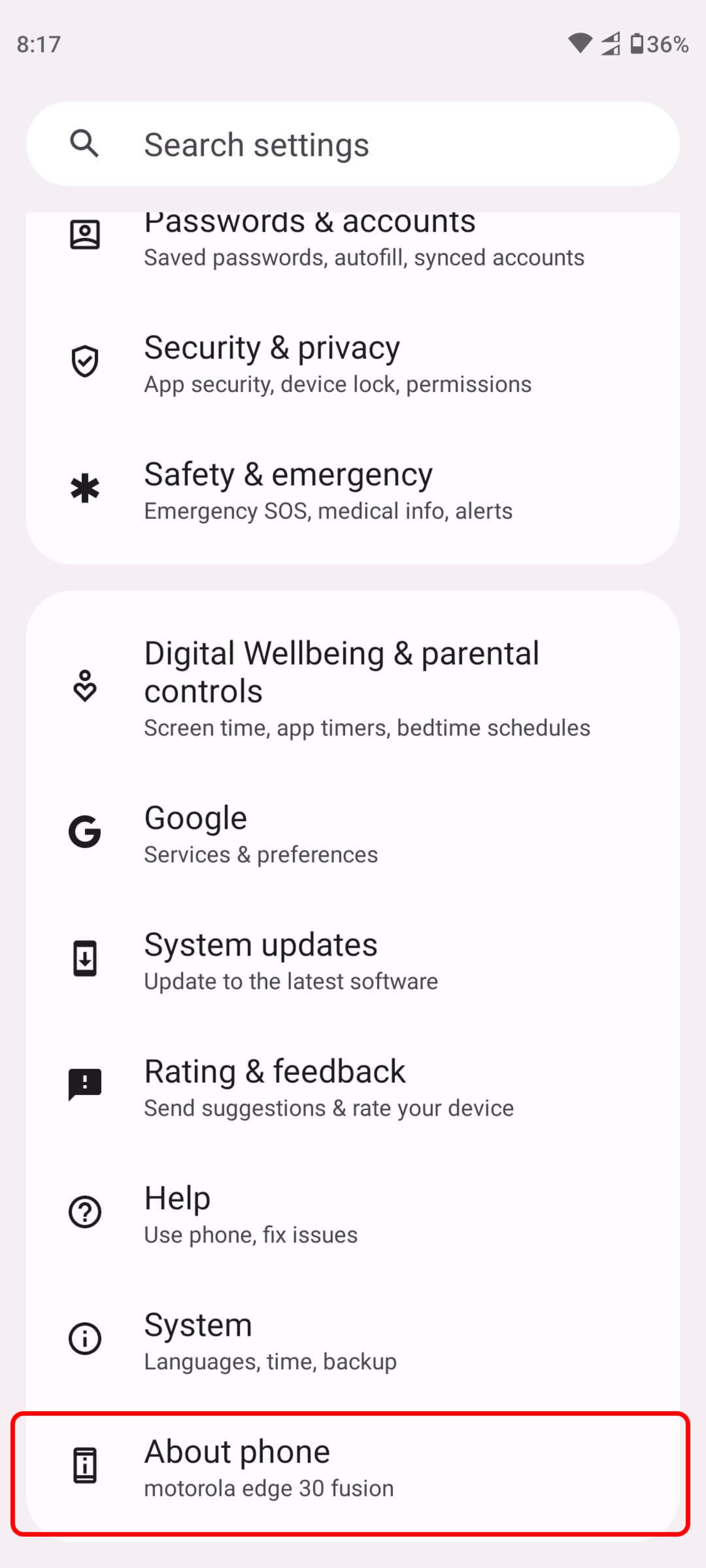 بخش تنظیمات (Settings) گوشی اندروید و انتخاب About phone