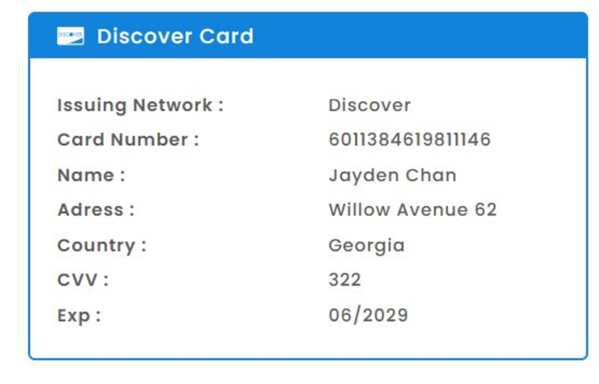 نمونه کارت اعتباری رایگان ایجاد شده در FakeData.net