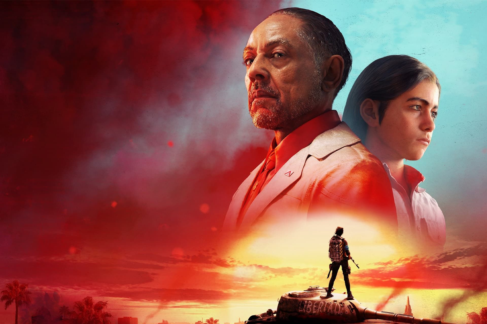 چهره‌ی یک مرد و زن کنار هم در آسمان یک شهر سرخ