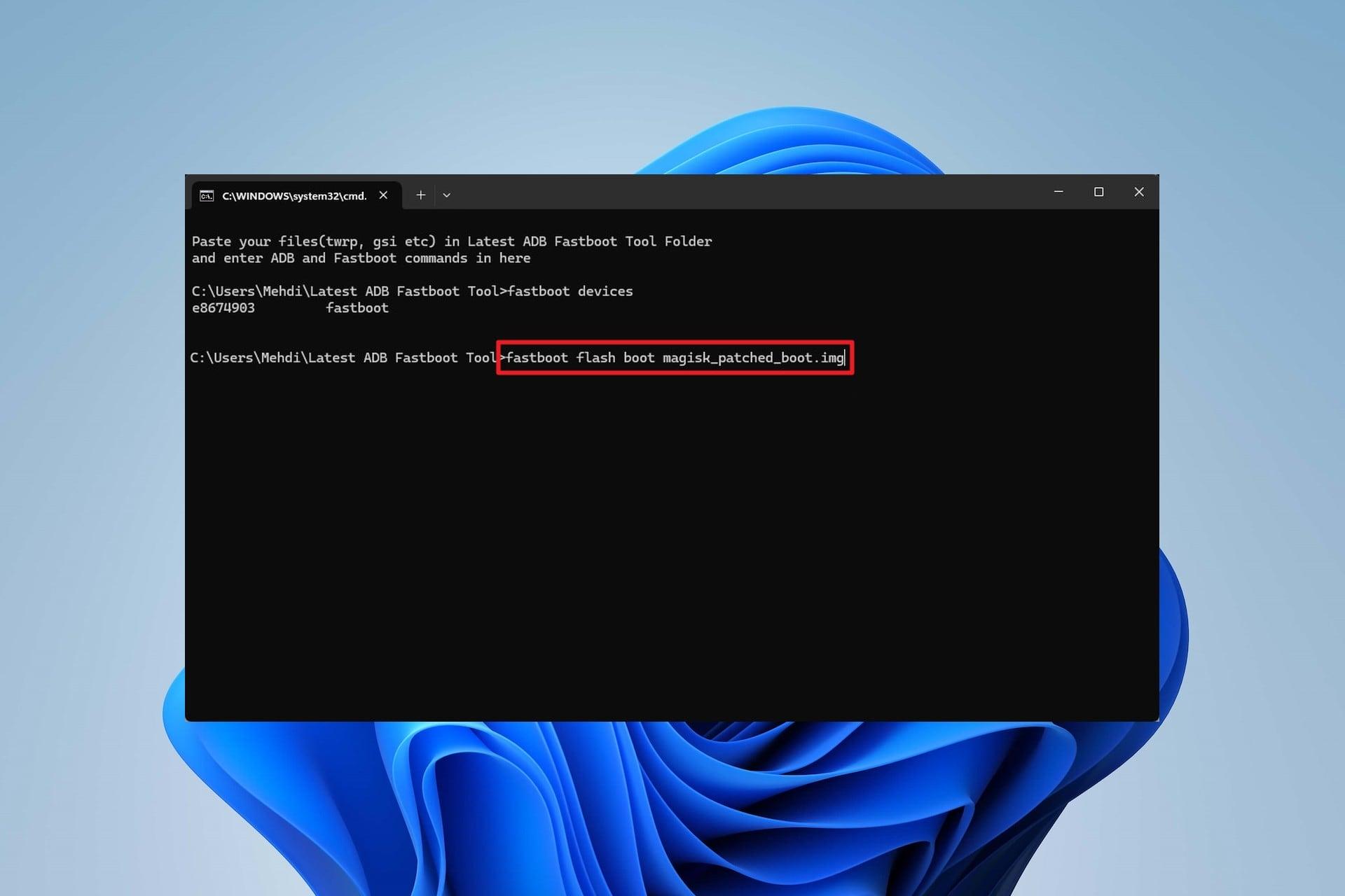 دستور فلش فایل بوت پچ شده در CMD
