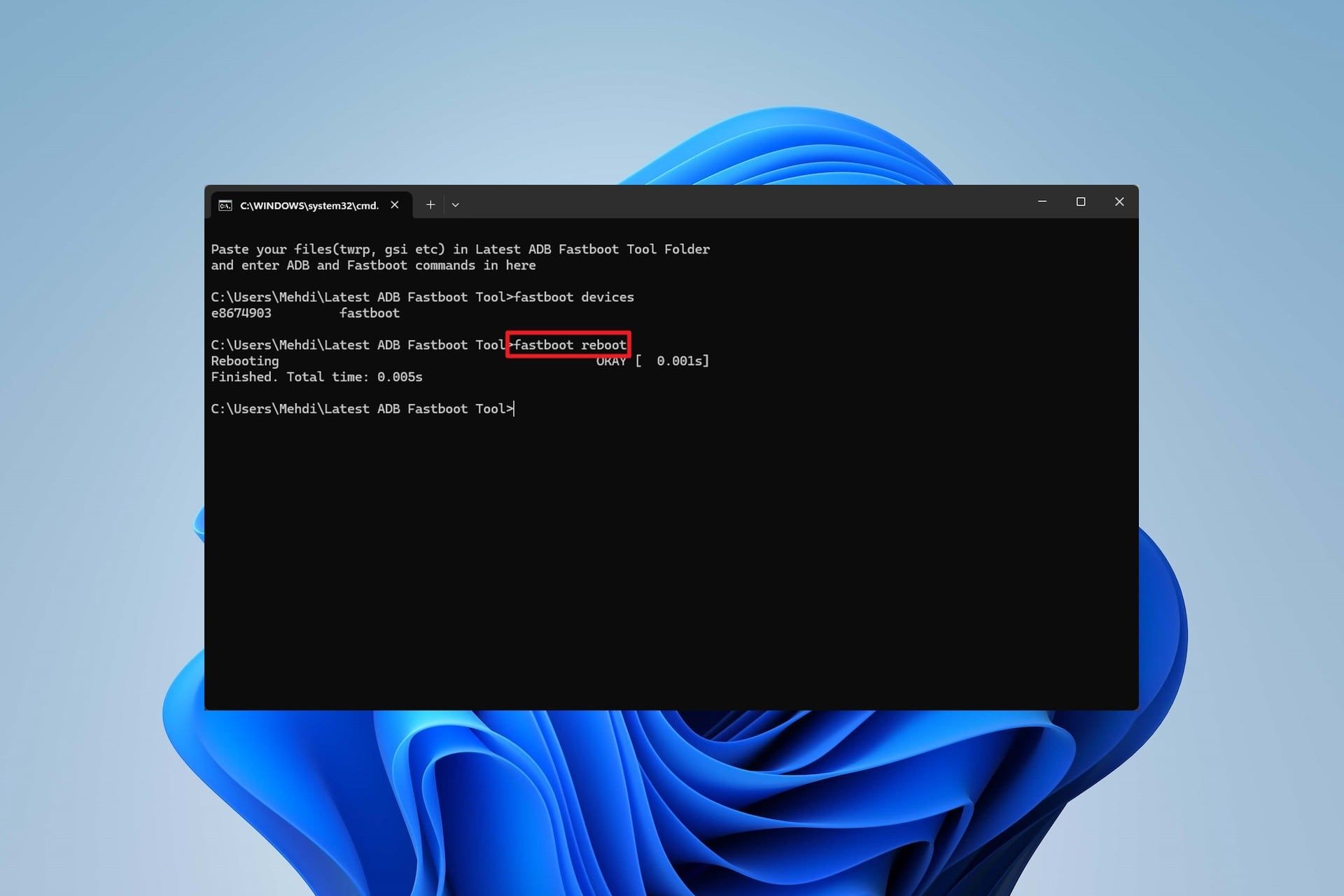 دستور fastboot reboot  در CMD