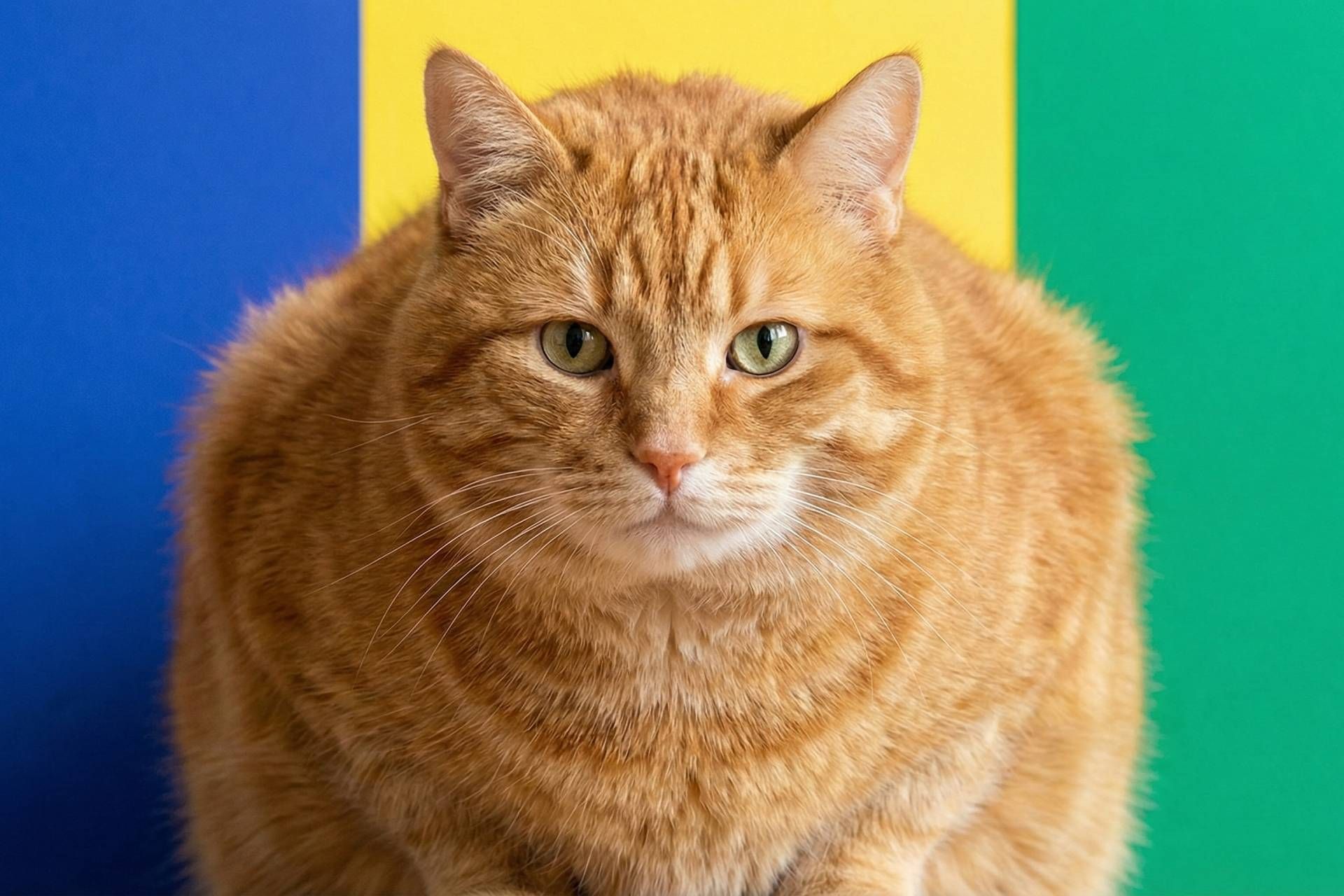 گربه نارنجی چاق در پس زمینه رنگی مستقیماً به دوربین نگاه می‌کند.