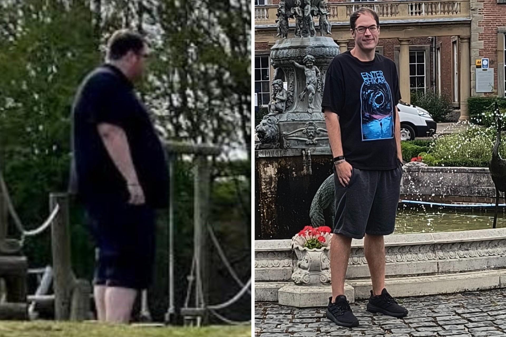 یک مرد با اضافه‌وزن در کنار همان مرد با وزن کمتر