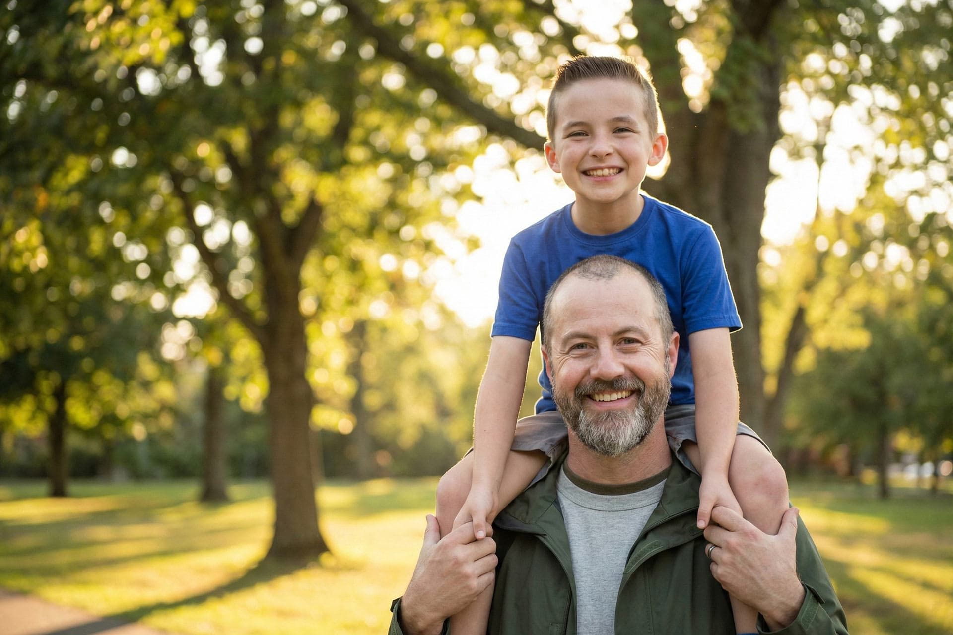تصویر یک پدر که پسرش را روی دوشش سوار کرده