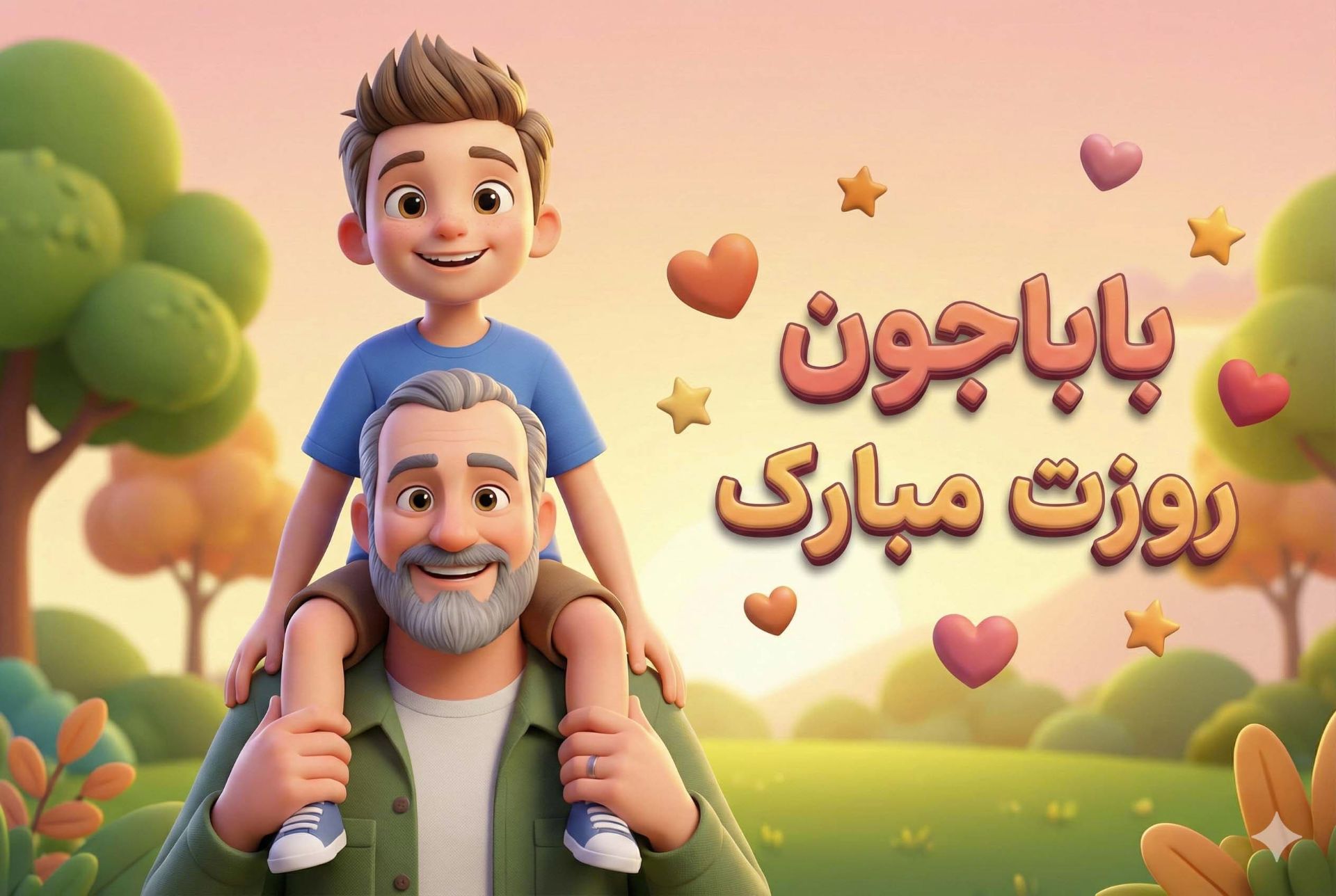 تصویر کارتونی یک پدر که پسرش را روی دوشش سوار کرده برای تبریک روز پدر