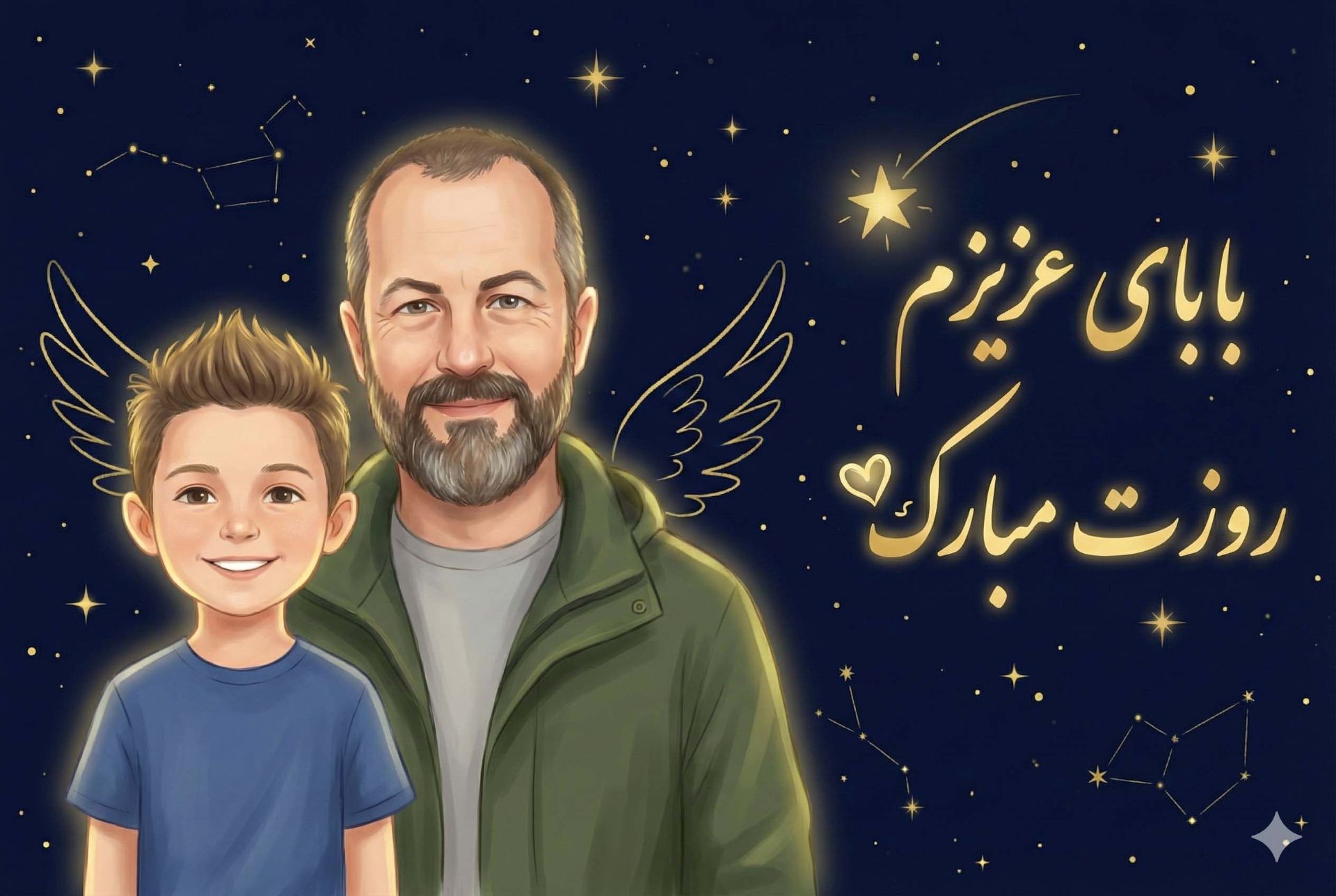 تصویر کارتونی یک پدر که پسرش را روی دوشش سوار کرده برای تبریک روز پدر