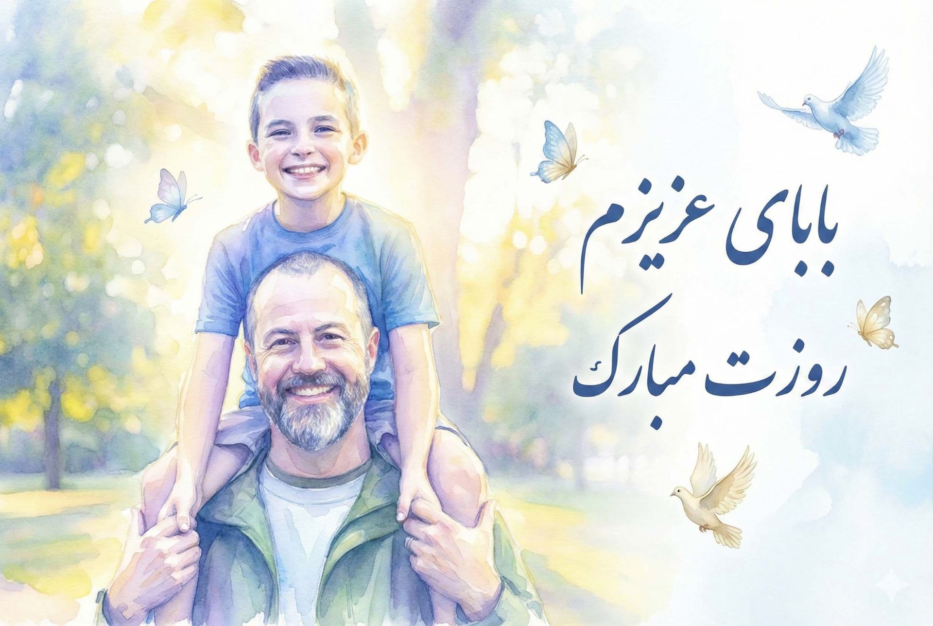 تصویر کارتونی یک پدر که پسرش را روی دوشش سوار کرده برای تبریک روز پدر