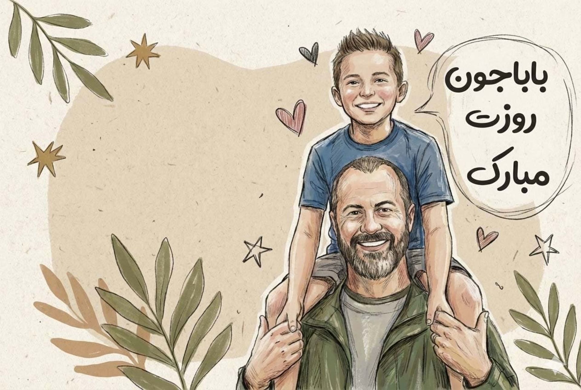 تصویر کارتونی یک پدر که پسرش را روی دوشش سوار کرده برای تبریک روز پدر